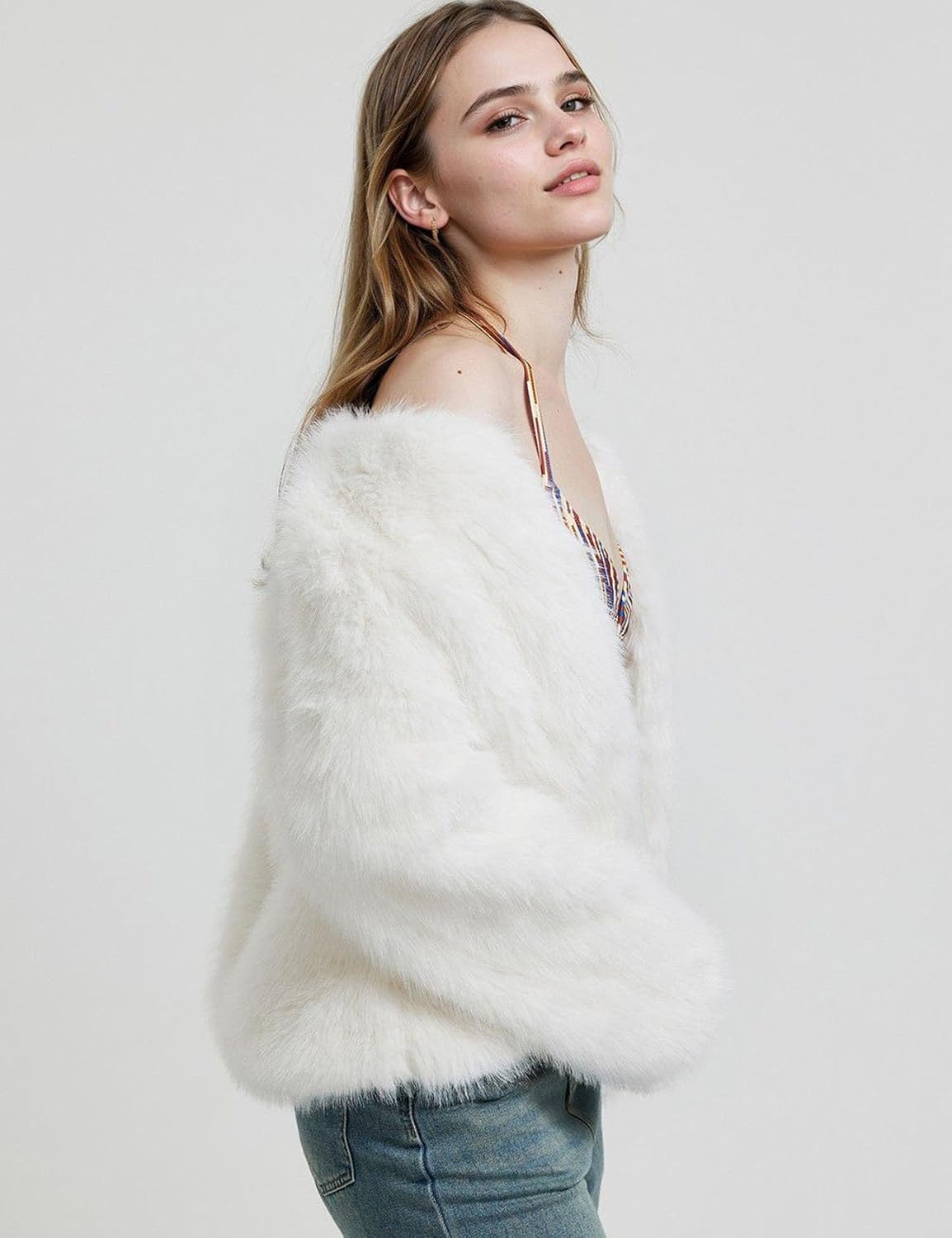 image:imageFlygo Womens Faux Fur Coat Winter Warm Cropped Fluffy Shaggy Jacket Smooth Lining Open Front Long Sleeve Snap Button 2 Pockets 2026 Luxury Fuzzy Outerwear Cardigan Going Out Wedding PartyBeige