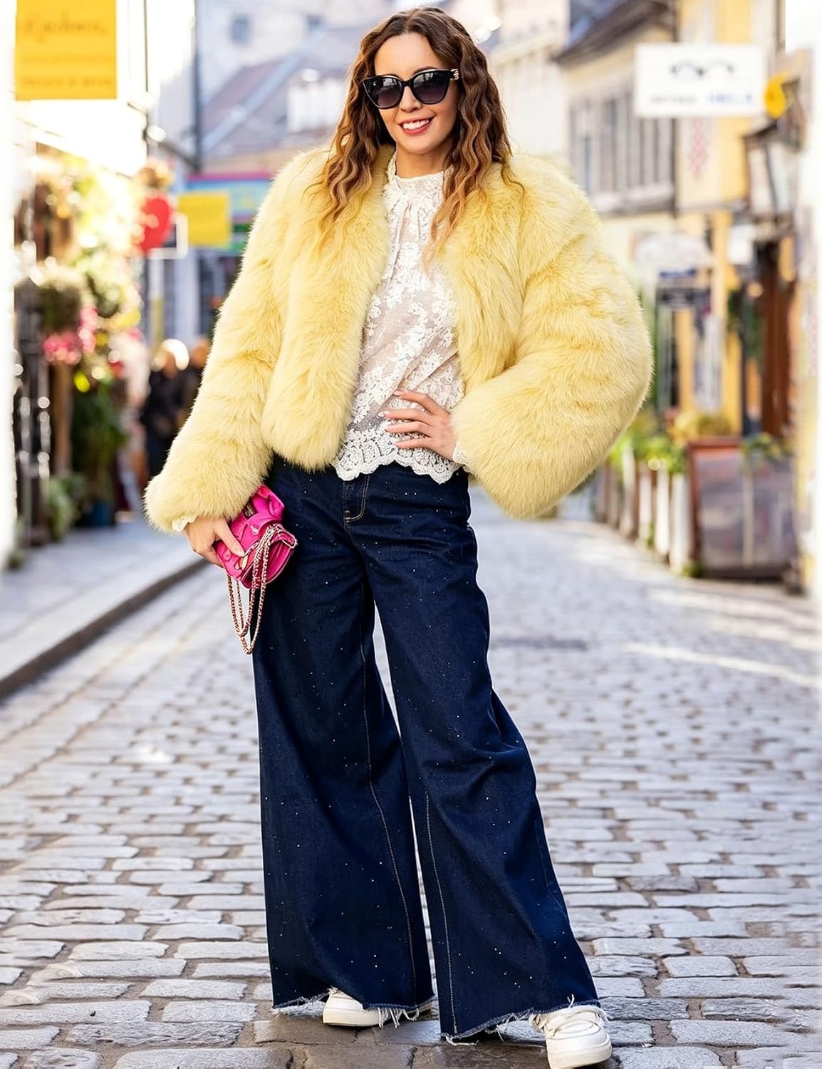 image:imageFlygo Womens Faux Fur Coat Winter Warm Cropped Fluffy Shaggy Jacket Smooth Lining Open Front Long Sleeve Snap Button 2 Pockets 2026 Luxury Fuzzy Outerwear Cardigan Going Out Wedding PartyYellow