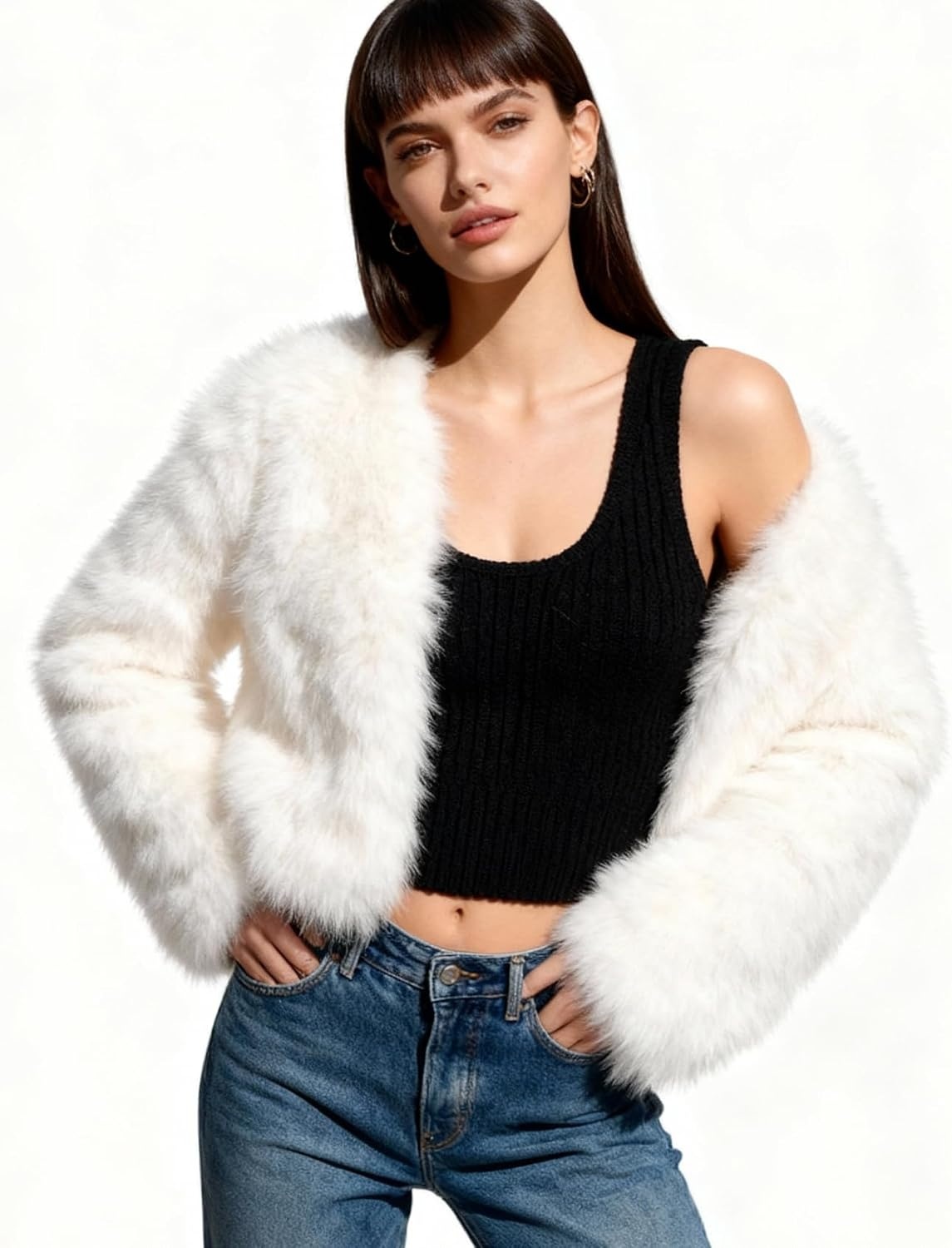 image:imageFlygo Womens Faux Fur Coat Winter Warm Cropped Fluffy Shaggy Jacket Smooth Lining Open Front Long Sleeve Snap Button 2 Pockets 2026 Luxury Fuzzy Outerwear Cardigan Going Out Wedding PartyWhite