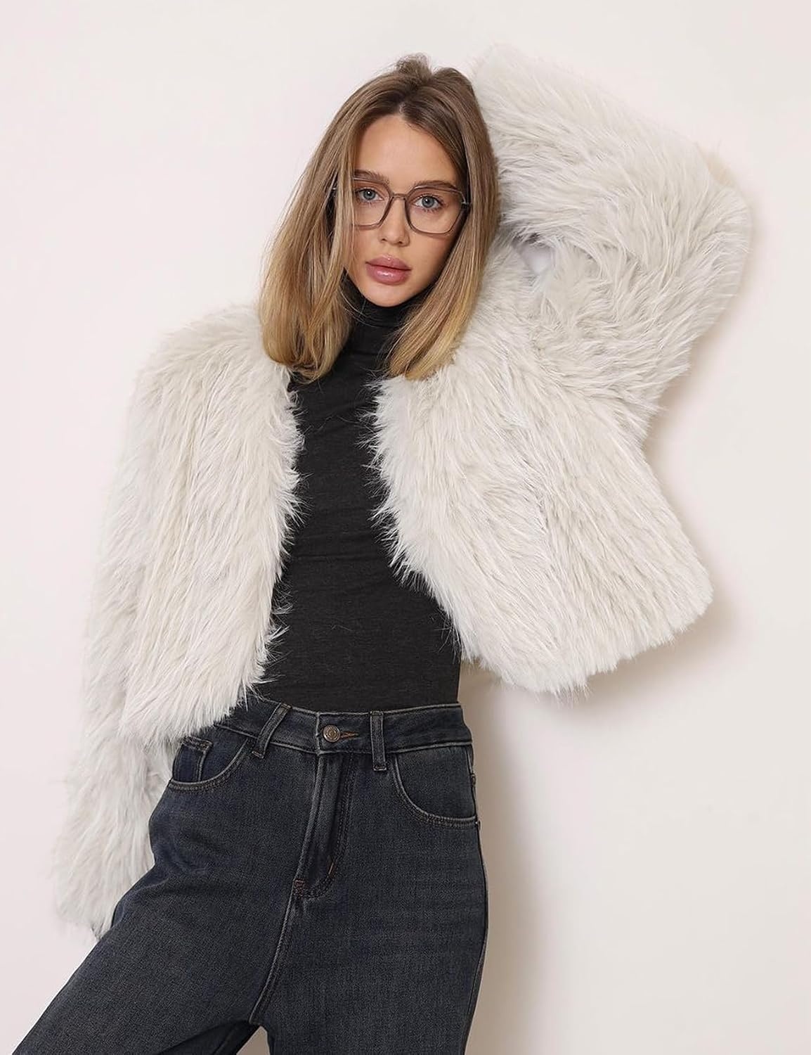 image:imageFlygo Womens Faux Fur Coat Winter Warm Cropped Fluffy Shaggy Jacket Smooth Lining Open Front Long Sleeve Snap Button 2 Pockets 2026 Luxury Fuzzy Outerwear Cardigan Going Out Wedding PartyBeige