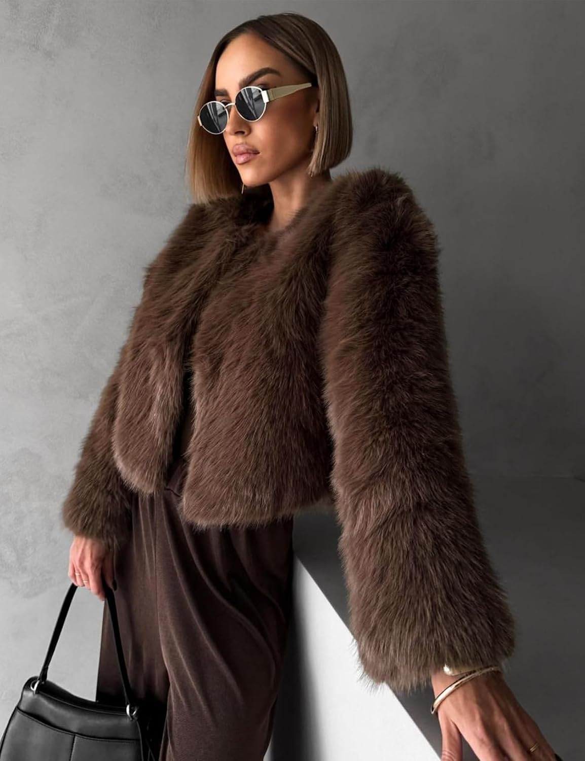 image:imageFlygo Womens Faux Fur Coat Winter Warm Cropped Fluffy Shaggy Jacket Smooth Lining Open Front Long Sleeve Snap Button 2 Pockets 2026 Luxury Fuzzy Outerwear Cardigan Going Out Wedding PartyBrown