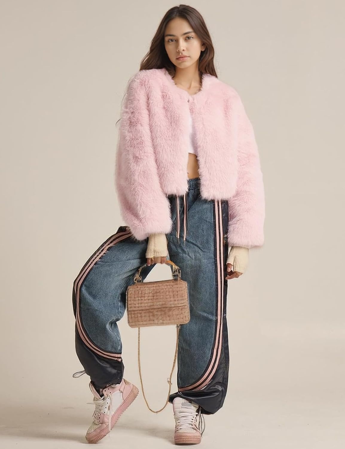 image:imageFlygo Womens Faux Fur Coat Winter Warm Cropped Fluffy Shaggy Jacket Smooth Lining Open Front Long Sleeve Snap Button 2 Pockets 2026 Luxury Fuzzy Outerwear Cardigan Going Out Wedding PartyPink