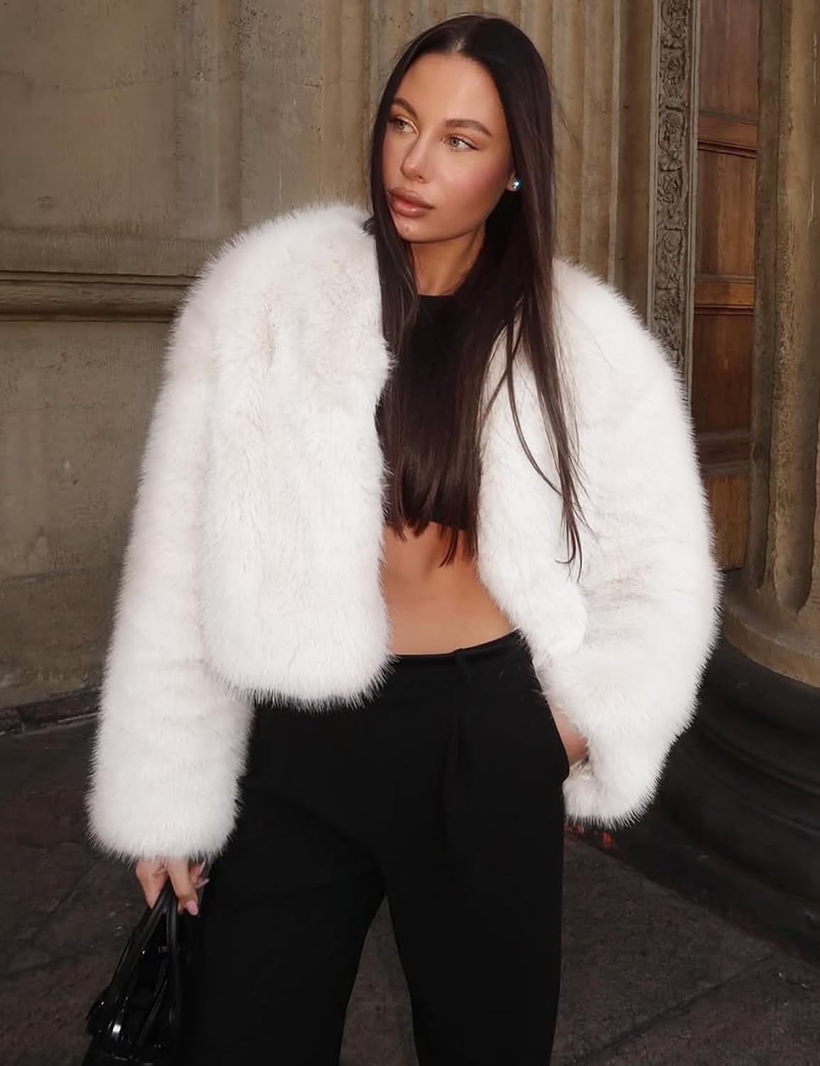 image:imageFlygo Womens Faux Fur Coat Winter Warm Cropped Fluffy Shaggy Jacket Smooth Lining Open Front Long Sleeve Snap Button 2 Pockets 2026 Luxury Fuzzy Outerwear Cardigan Going Out Wedding PartyWhite