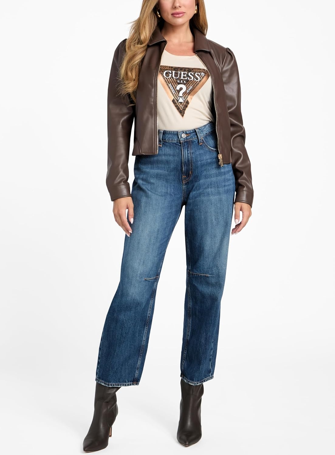 image:imageGUESS Womens Fancy Zipped Faux Leather Biker JacketChocolate Brownie