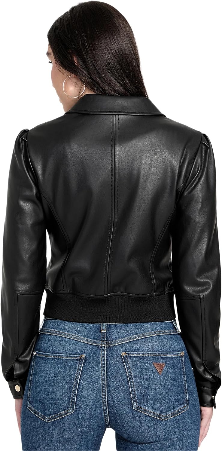 image:imageGUESS Womens Fancy Zipped Faux Leather Biker JacketJet Black