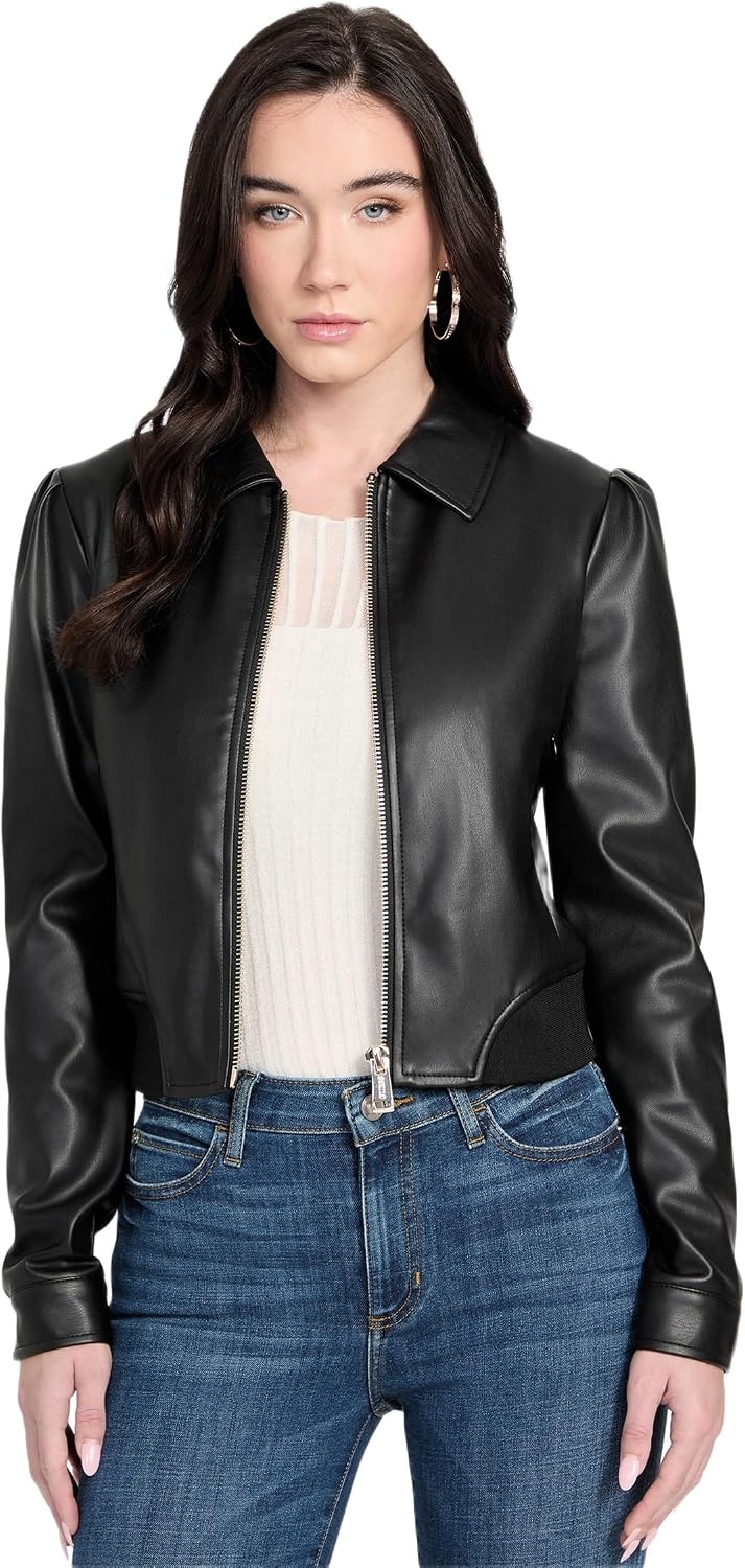 image:imageGUESS Womens Fancy Zipped Faux Leather Biker JacketJet Black