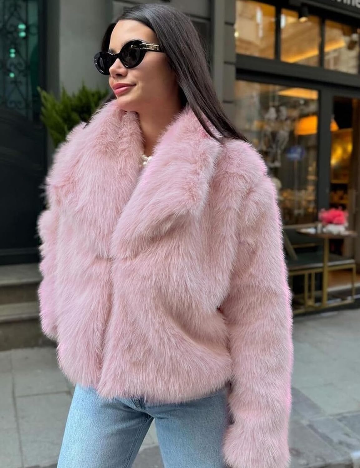 image:imageKissonic Women Faux Fur Coat Lapel Collar Shaggy Warm Short Fluffy Jacket Long Sleeve Snap Button Open Front Solid Color Fuzzy Ladies Outerwear Winter Luxury OutfitsPink