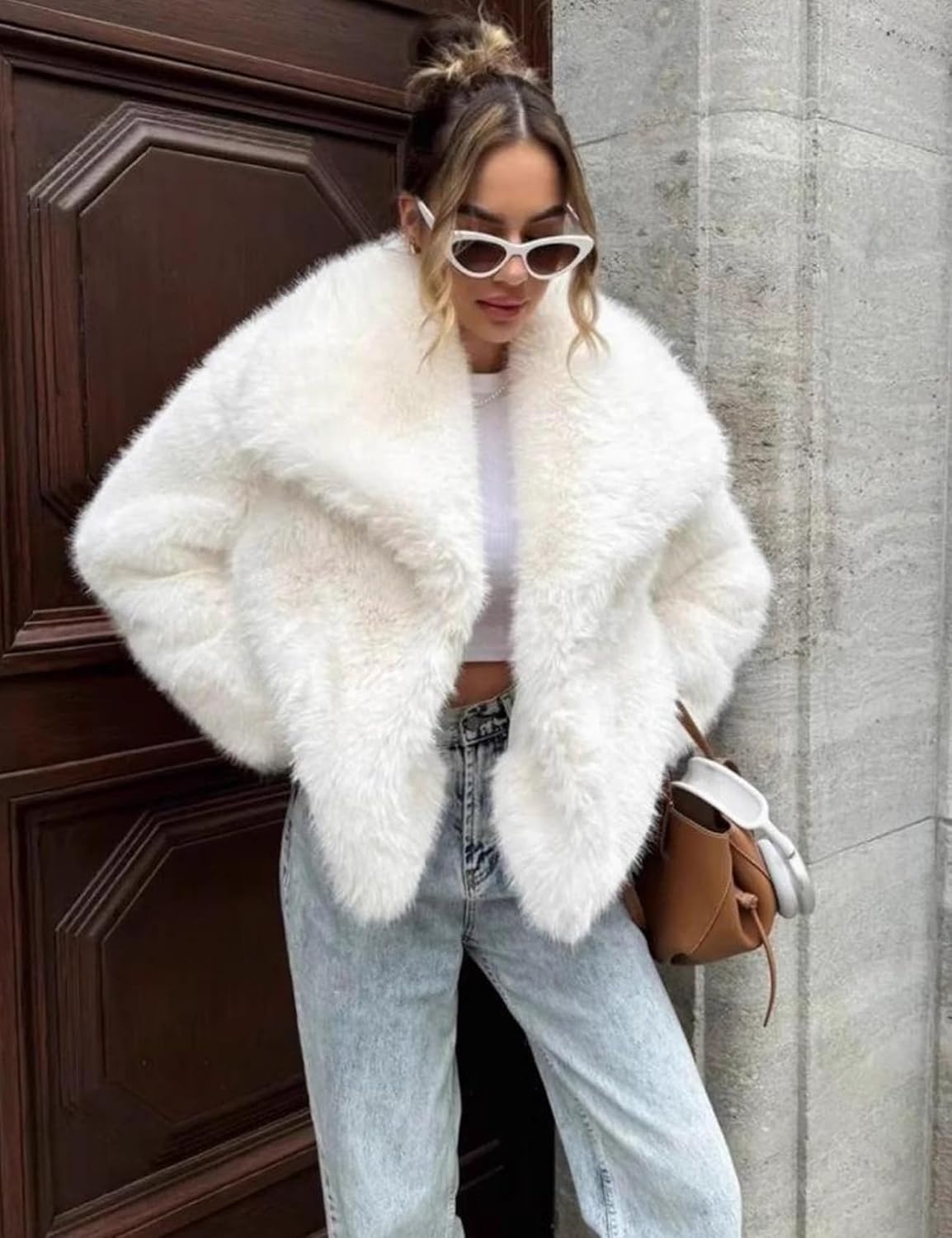image:imageKissonic Women Faux Fur Coat Lapel Collar Shaggy Warm Short Fluffy Jacket Long Sleeve Snap Button Open Front Solid Color Fuzzy Ladies Outerwear Winter Luxury OutfitsWhite