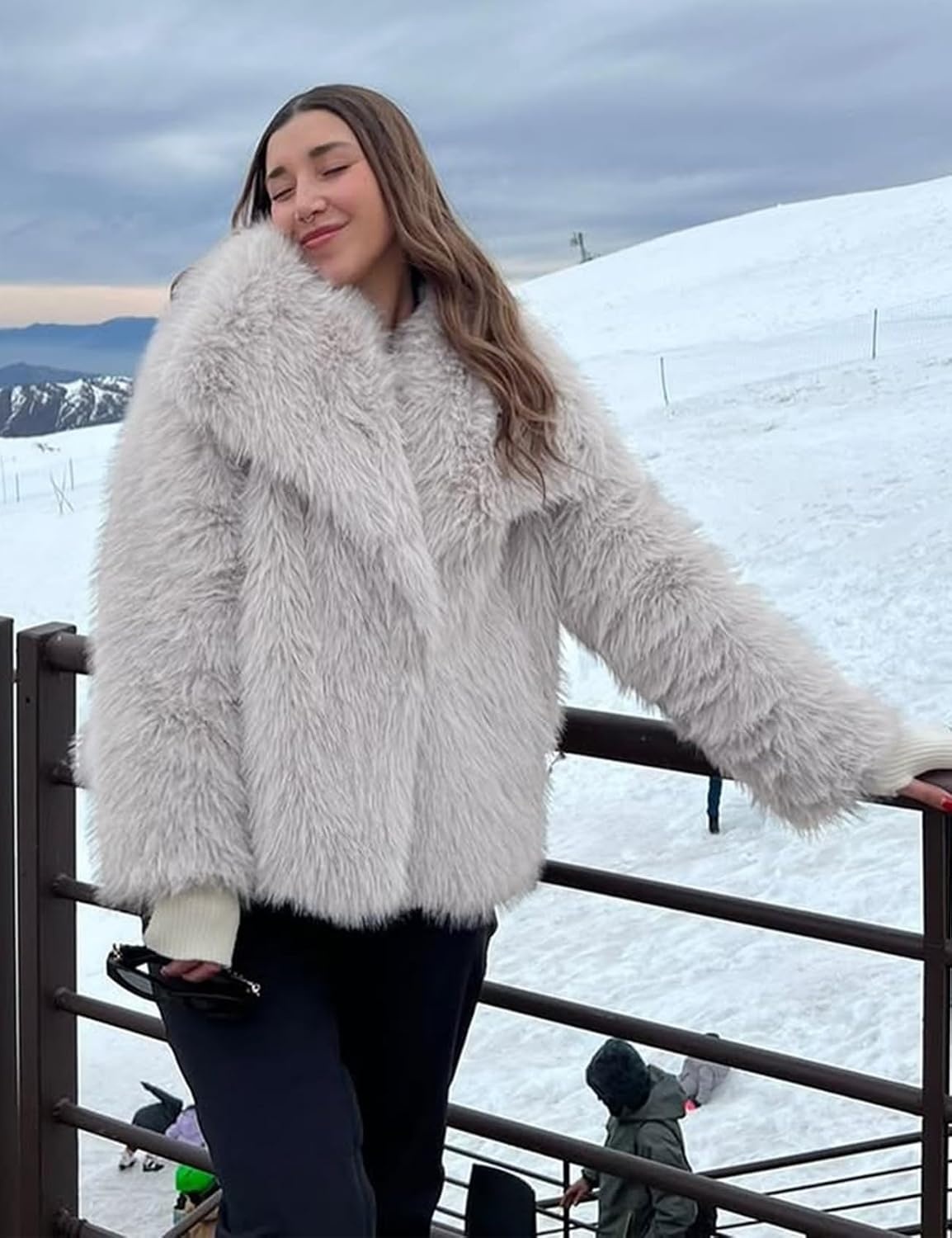 image:imageKissonic Women Faux Fur Coat Lapel Collar Shaggy Warm Short Fluffy Jacket Long Sleeve Snap Button Open Front Solid Color Fuzzy Ladies Outerwear Winter Luxury OutfitsLightgrey