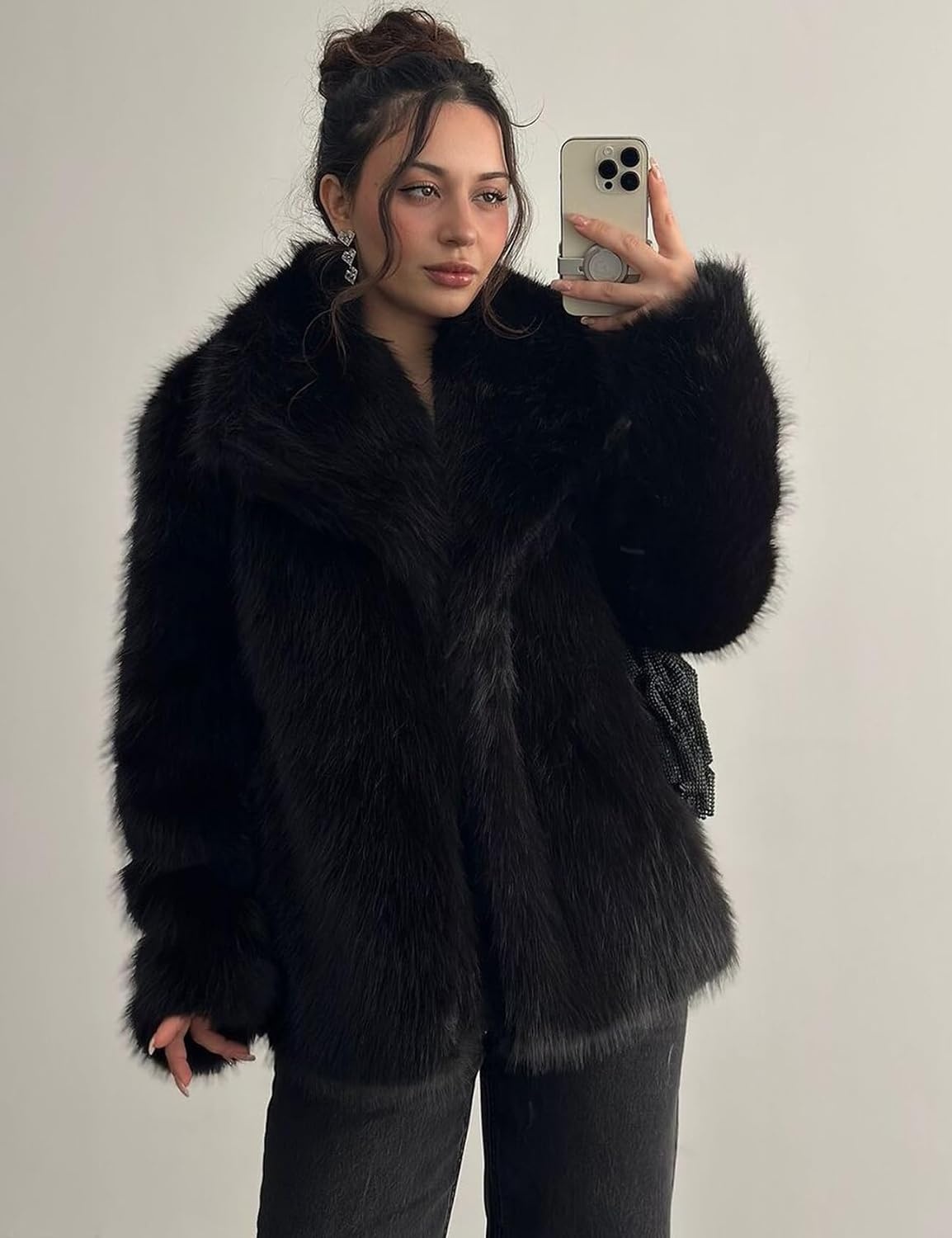 image:imageKissonic Women Faux Fur Coat Lapel Collar Shaggy Warm Short Fluffy Jacket Long Sleeve Snap Button Open Front Solid Color Fuzzy Ladies Outerwear Winter Luxury OutfitsBlack