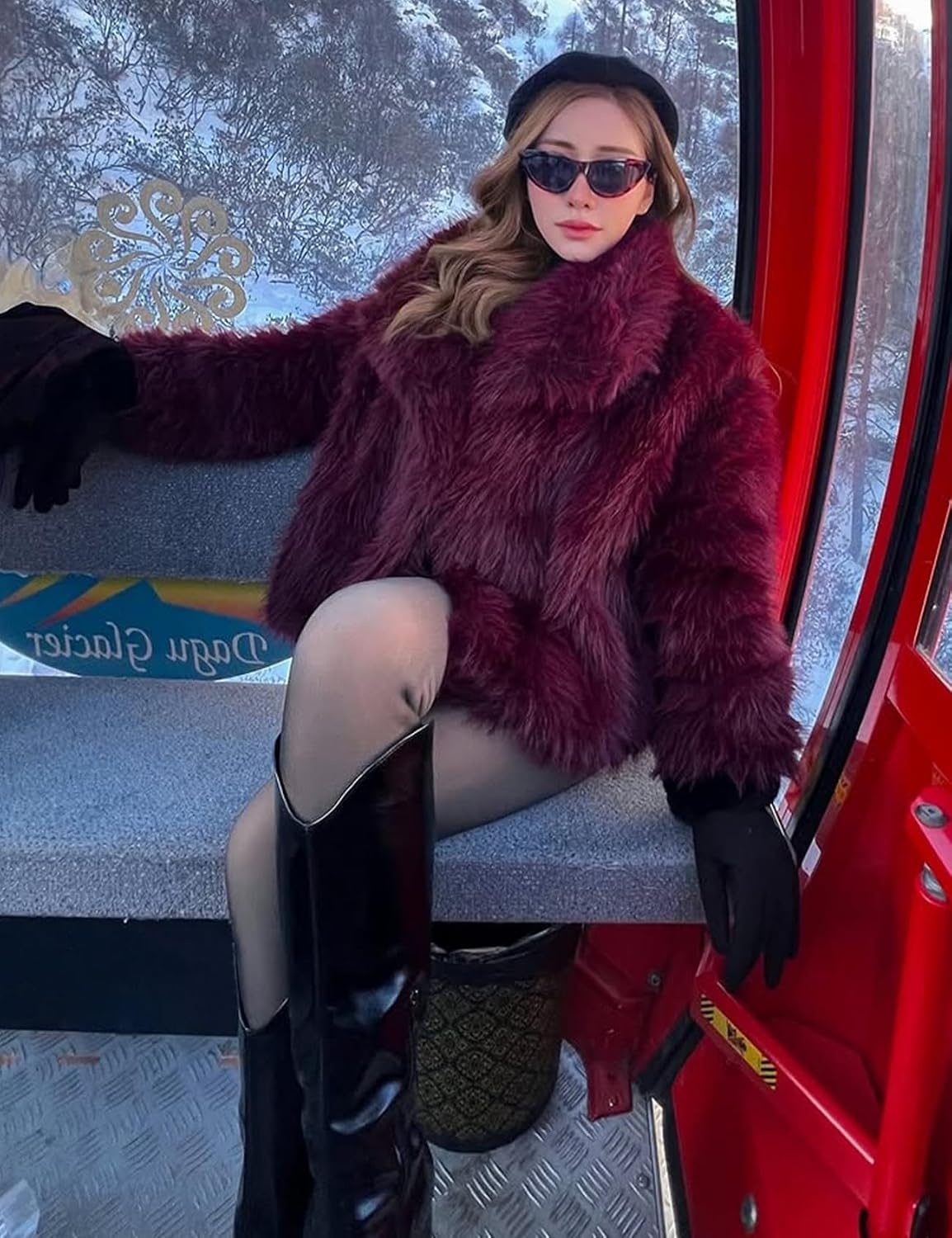 image:imageKissonic Women Faux Fur Coat Lapel Collar Shaggy Warm Short Fluffy Jacket Long Sleeve Snap Button Open Front Solid Color Fuzzy Ladies Outerwear Winter Luxury OutfitsWinered