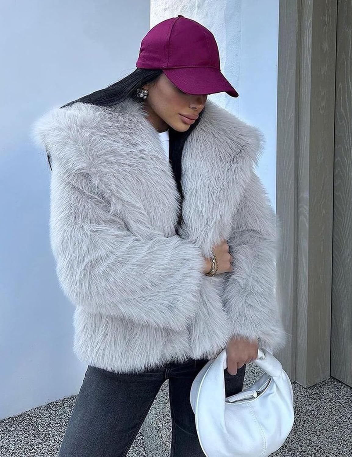 image:imageKissonic Women Faux Fur Coat Lapel Collar Shaggy Warm Short Fluffy Jacket Long Sleeve Snap Button Open Front Solid Color Fuzzy Ladies Outerwear Winter Luxury OutfitsLightgrey