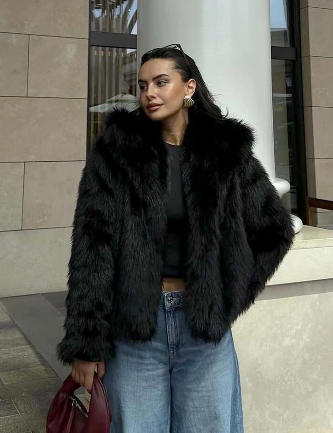 image:imageKissonic Women Faux Fur Coat Lapel Collar Shaggy Warm Short Fluffy Jacket Long Sleeve Snap Button Open Front Solid Color Fuzzy Ladies Outerwear Winter Luxury OutfitsBlack