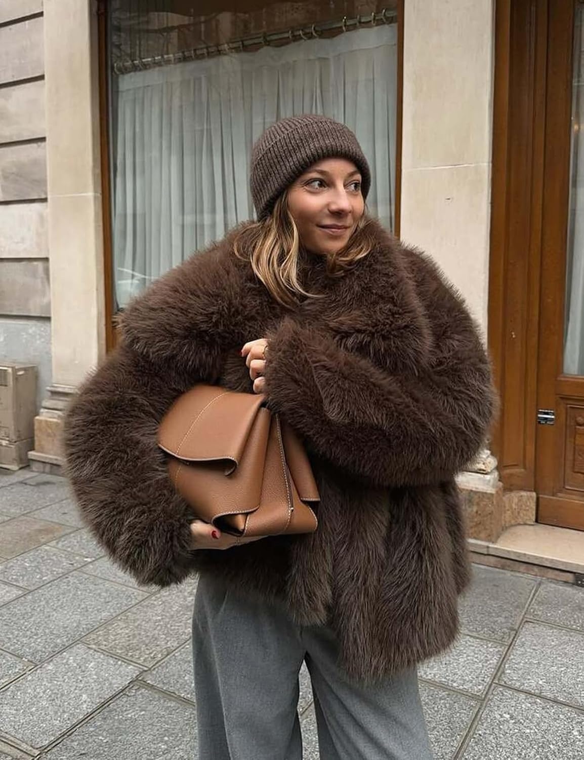 image:imageKissonic Women Faux Fur Coat Lapel Collar Shaggy Warm Short Fluffy Jacket Long Sleeve Snap Button Open Front Solid Color Fuzzy Ladies Outerwear Winter Luxury OutfitsBrown