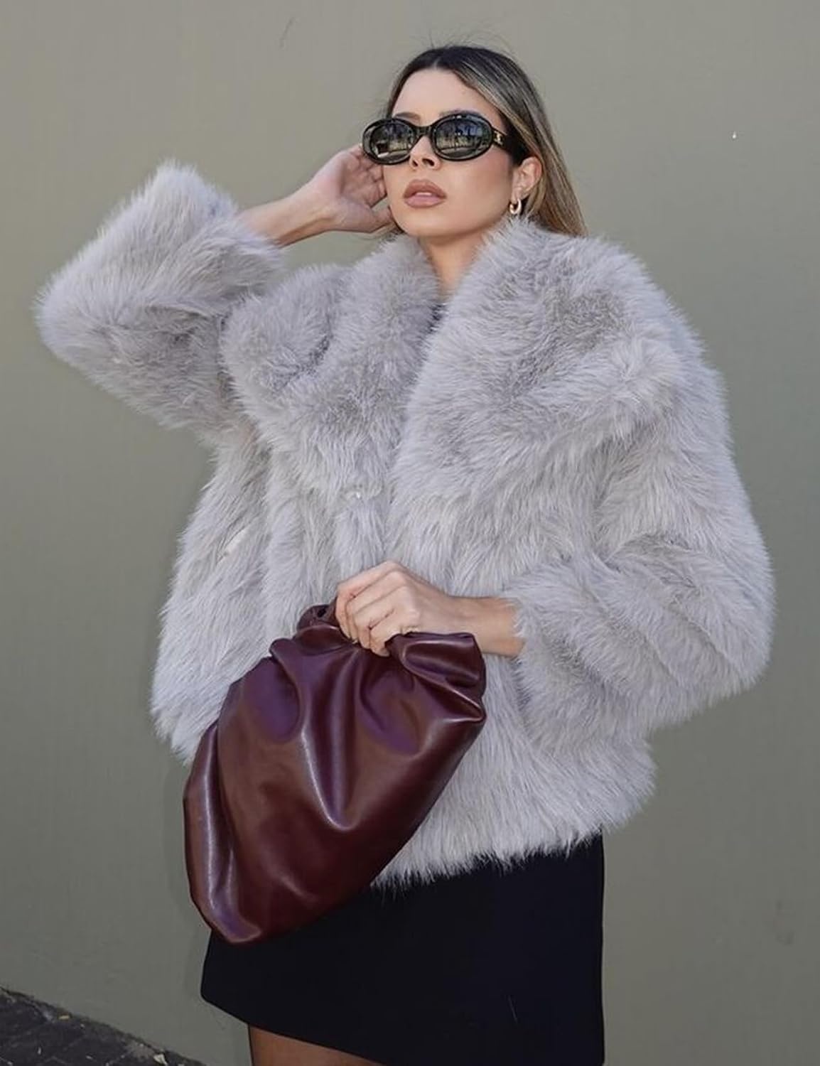 image:imageKissonic Women Faux Fur Coat Lapel Collar Shaggy Warm Short Fluffy Jacket Long Sleeve Snap Button Open Front Solid Color Fuzzy Ladies Outerwear Winter Luxury OutfitsLightgrey