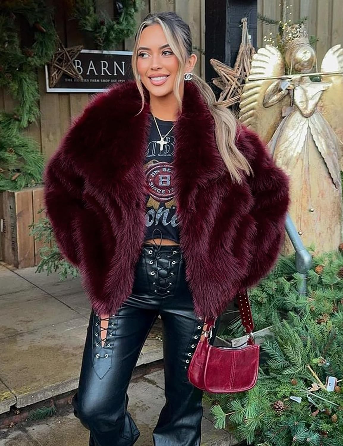 image:imageKissonic Women Faux Fur Coat Lapel Collar Shaggy Warm Short Fluffy Jacket Long Sleeve Snap Button Open Front Solid Color Fuzzy Ladies Outerwear Winter Luxury OutfitsWinered