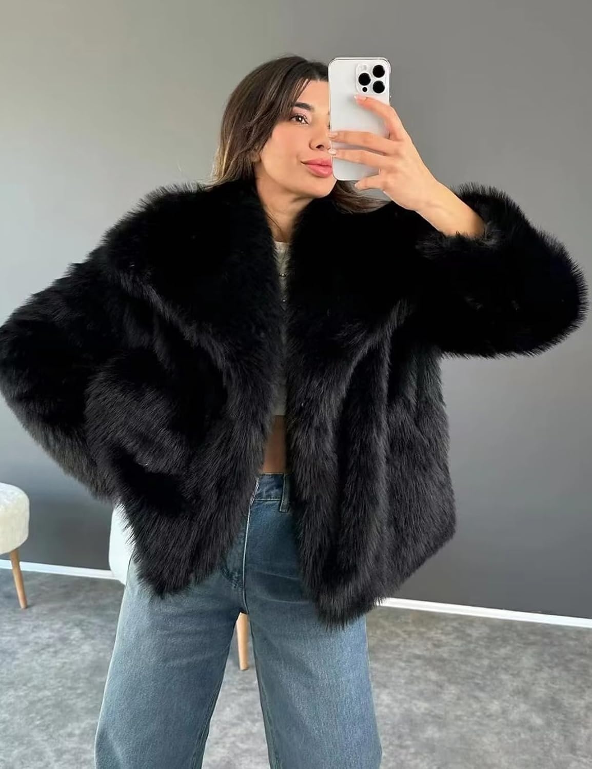 image:imageKissonic Women Faux Fur Coat Lapel Collar Shaggy Warm Short Fluffy Jacket Long Sleeve Snap Button Open Front Solid Color Fuzzy Ladies Outerwear Winter Luxury OutfitsBlack
