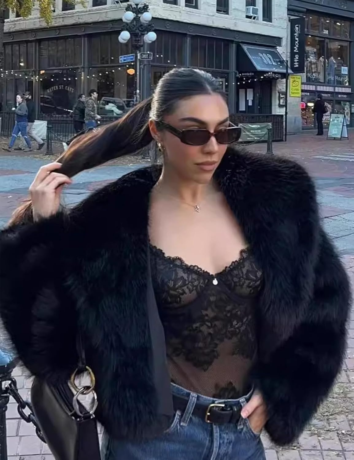 image:imageKissonic Women Faux Fur Coat Lapel Collar Shaggy Warm Short Fluffy Jacket Long Sleeve Snap Button Open Front Solid Color Fuzzy Ladies Outerwear Winter Luxury OutfitsBlack