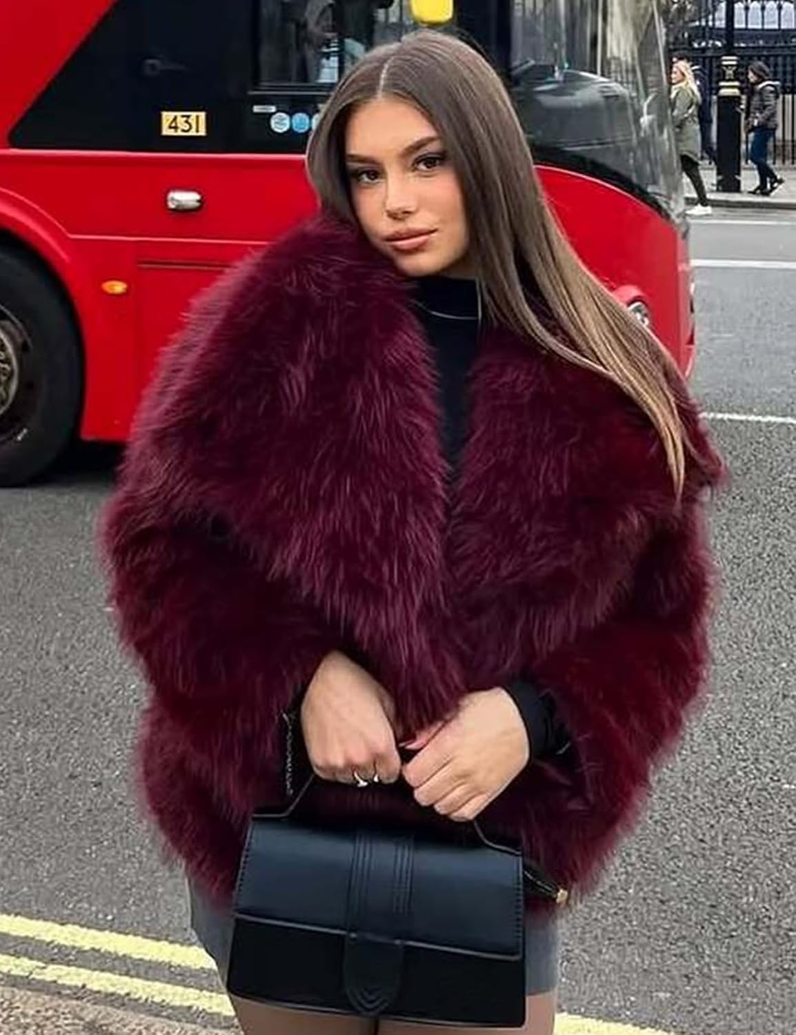 image:imageKissonic Women Faux Fur Coat Lapel Collar Shaggy Warm Short Fluffy Jacket Long Sleeve Snap Button Open Front Solid Color Fuzzy Ladies Outerwear Winter Luxury OutfitsWinered