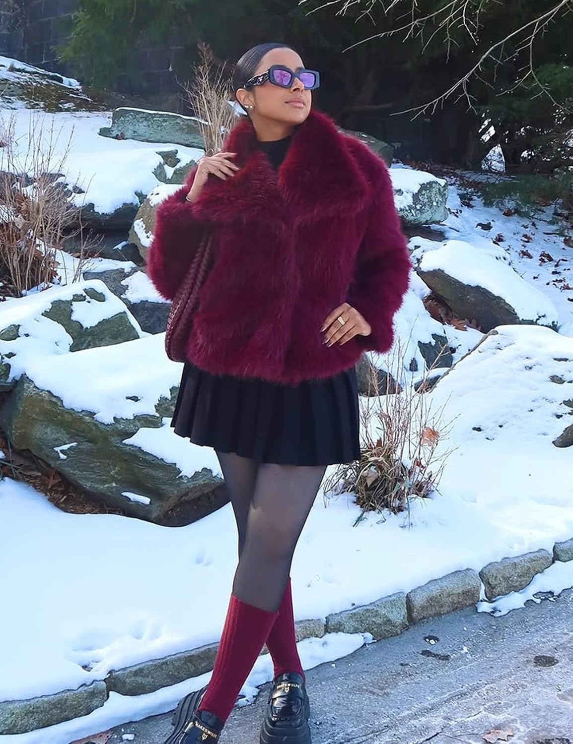 image:imageKissonic Women Faux Fur Coat Lapel Collar Shaggy Warm Short Fluffy Jacket Long Sleeve Snap Button Open Front Solid Color Fuzzy Ladies Outerwear Winter Luxury OutfitsWinered