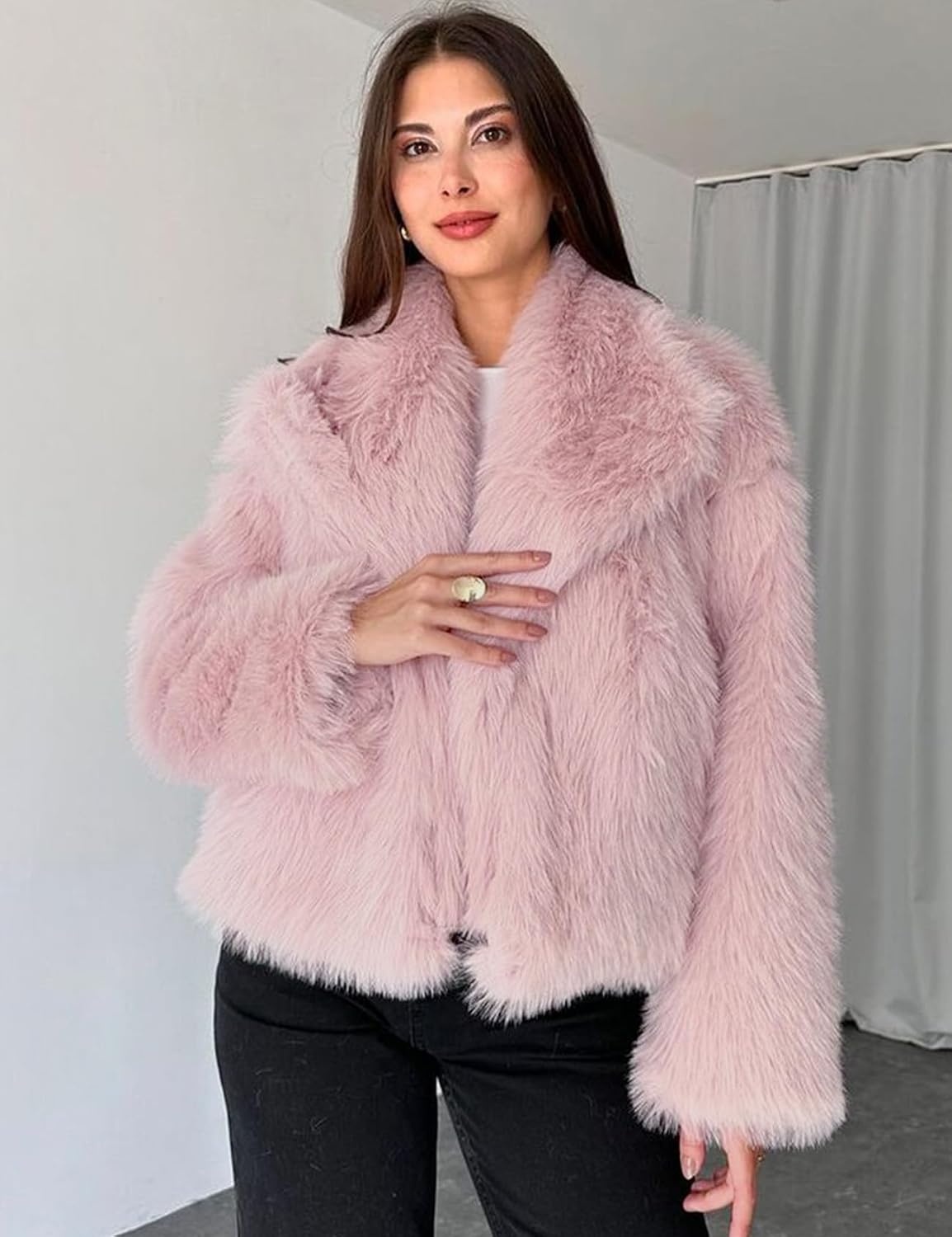 image:imageKissonic Women Faux Fur Coat Lapel Collar Shaggy Warm Short Fluffy Jacket Long Sleeve Snap Button Open Front Solid Color Fuzzy Ladies Outerwear Winter Luxury OutfitsPink