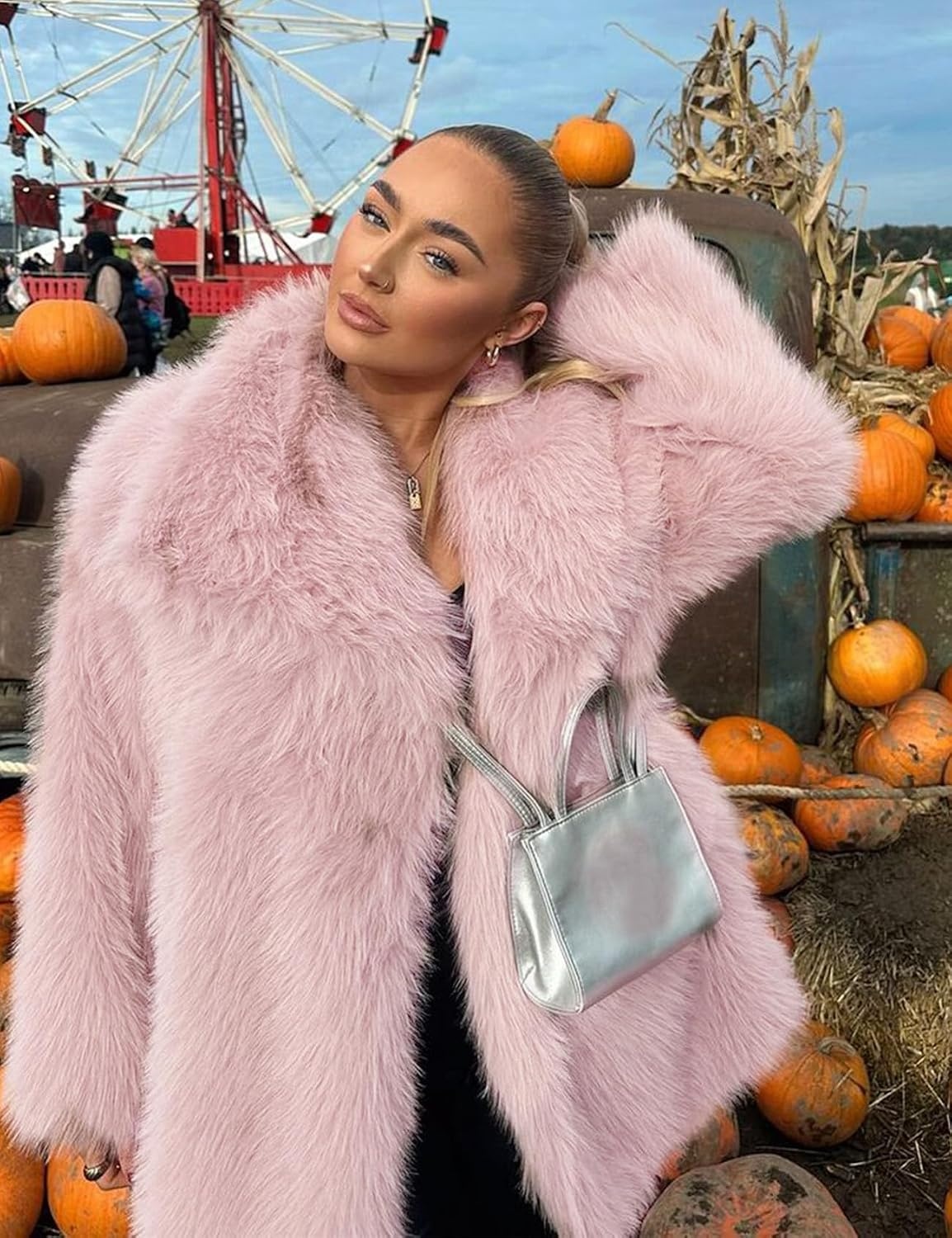 image:imageKissonic Women Faux Fur Coat Lapel Collar Shaggy Warm Short Fluffy Jacket Long Sleeve Snap Button Open Front Solid Color Fuzzy Ladies Outerwear Winter Luxury OutfitsPink