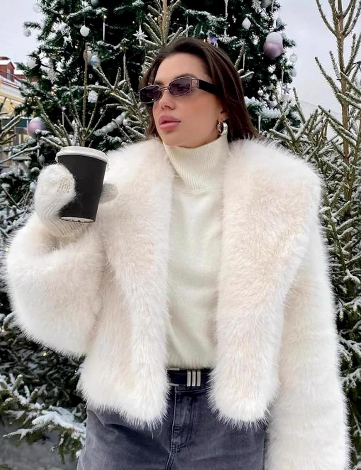 image:imageKissonic Women Faux Fur Coat Lapel Collar Shaggy Warm Short Fluffy Jacket Long Sleeve Snap Button Open Front Solid Color Fuzzy Ladies Outerwear Winter Luxury OutfitsWhite