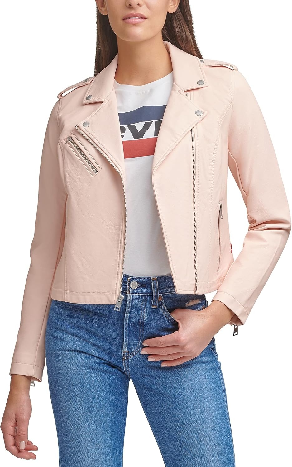 image:imageLevis Womens Classic Faux Leather Moto JacketScallop Shell Pink