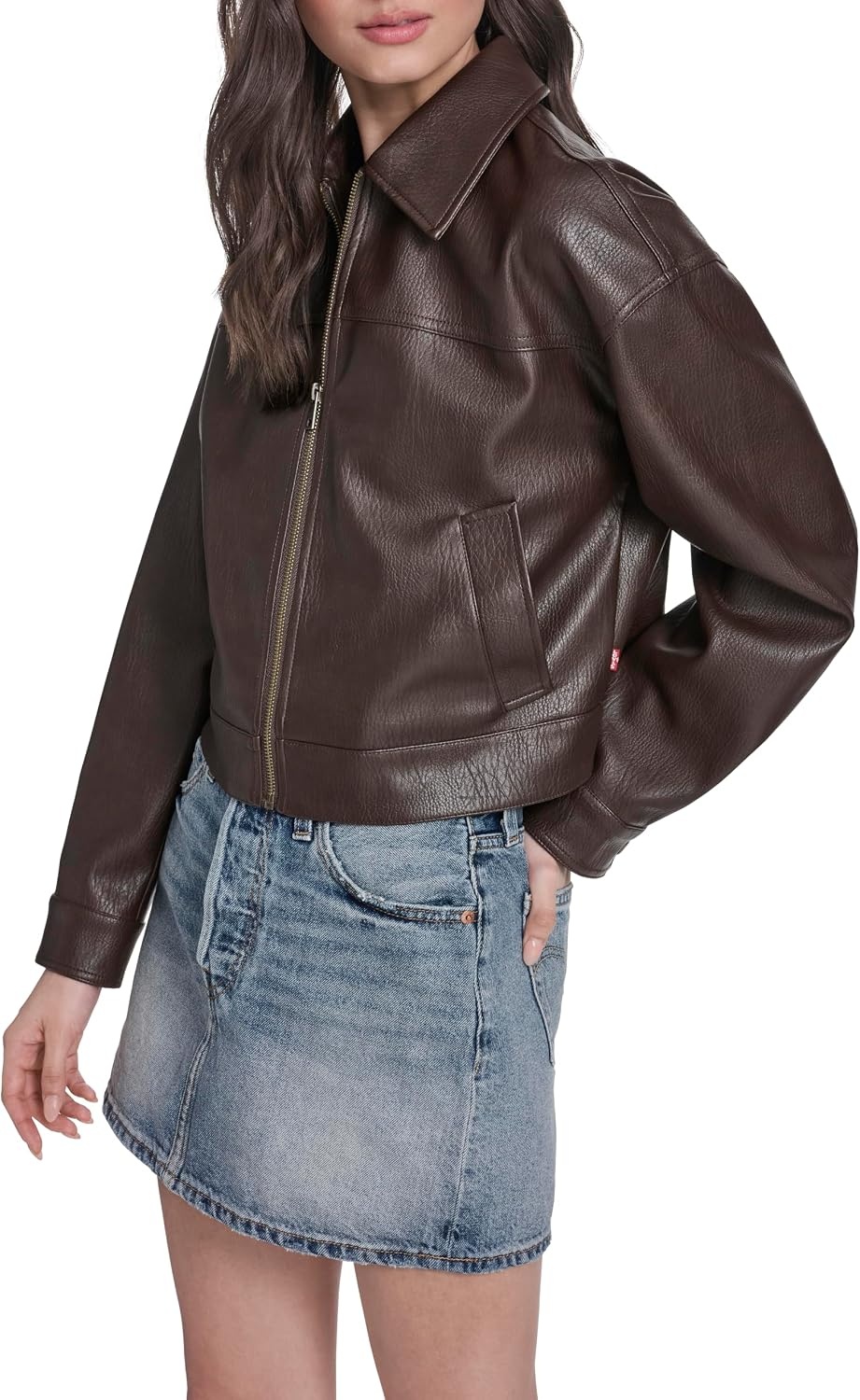 image:imageLevis Womens Relaxed Fit Zip Front JacketDark Brown Faux Leather
