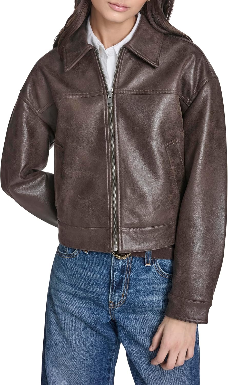 image:imageLevis Womens Relaxed Fit Zip Front JacketDark Brown Faux Suede