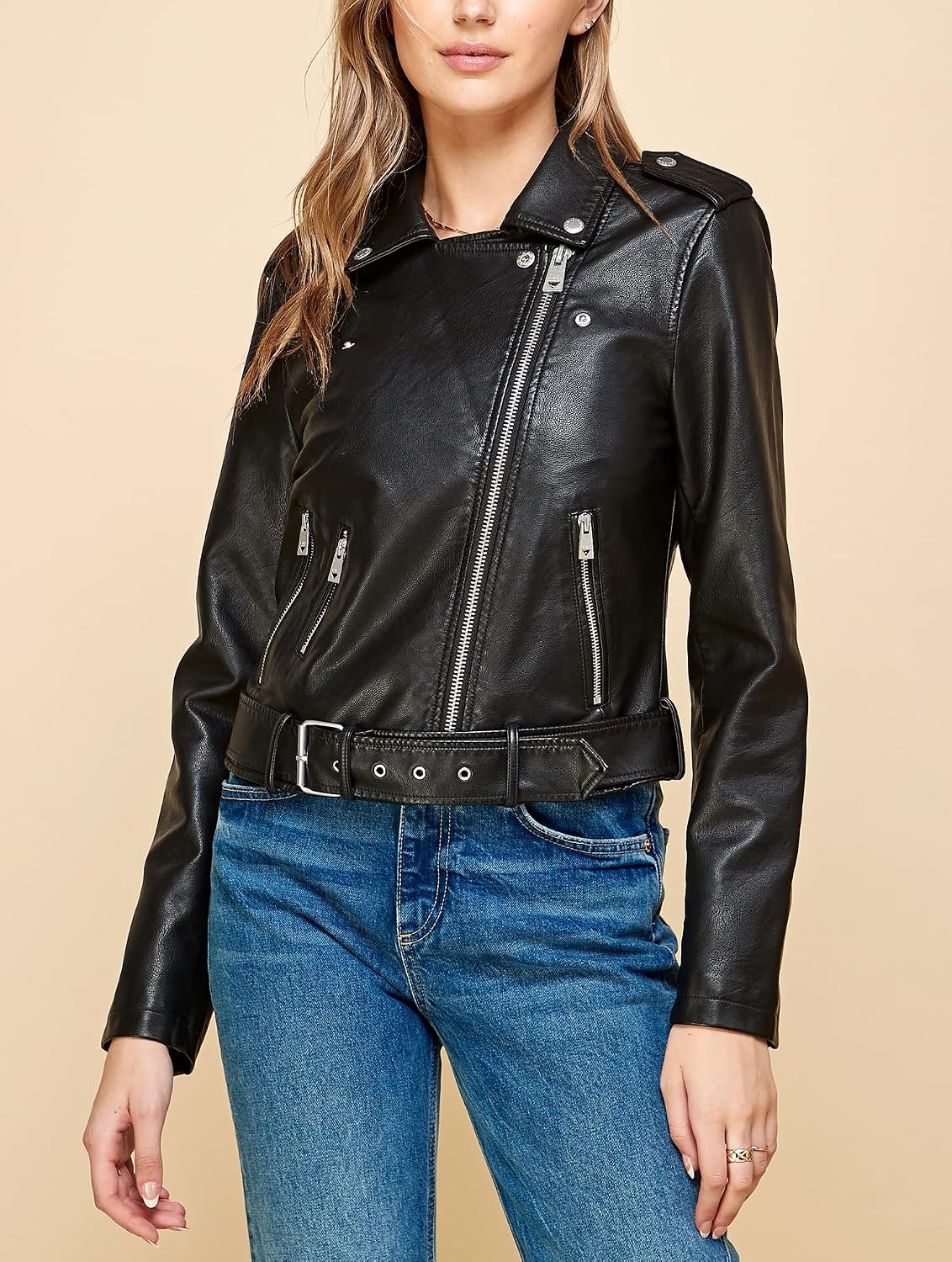 image:imageMBJ Womens Faux Leather Zip Up Moto Biker Jacket With Stitching DetaiLWjc1849black