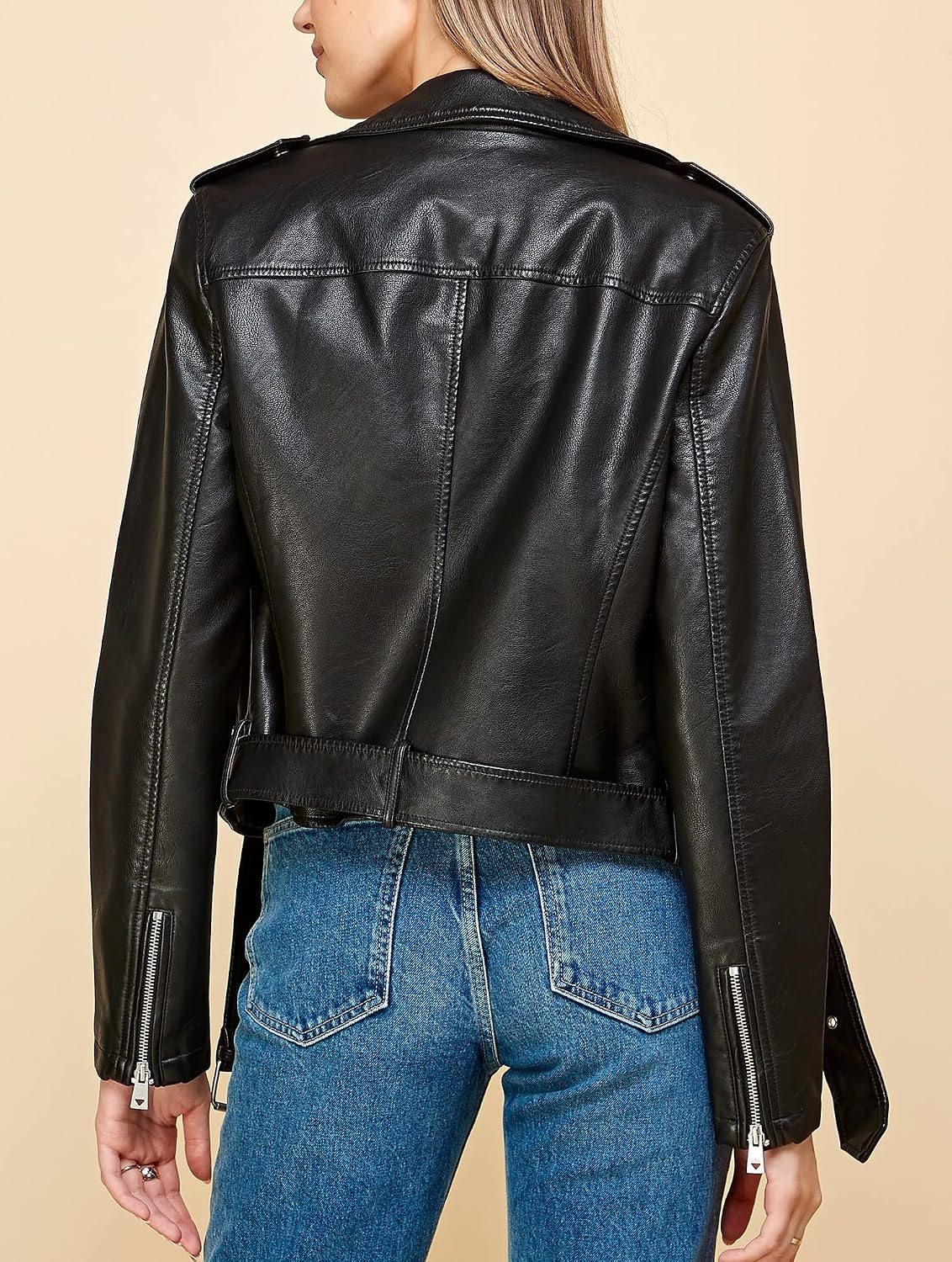 image:imageMBJ Womens Faux Leather Zip Up Moto Biker Jacket With Stitching DetaiLWjc1849black