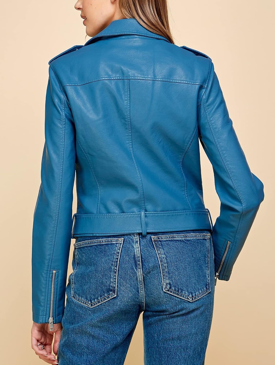 image:imageMBJ Womens Faux Leather Zip Up Moto Biker Jacket With Stitching DetaiLWjc1849blue