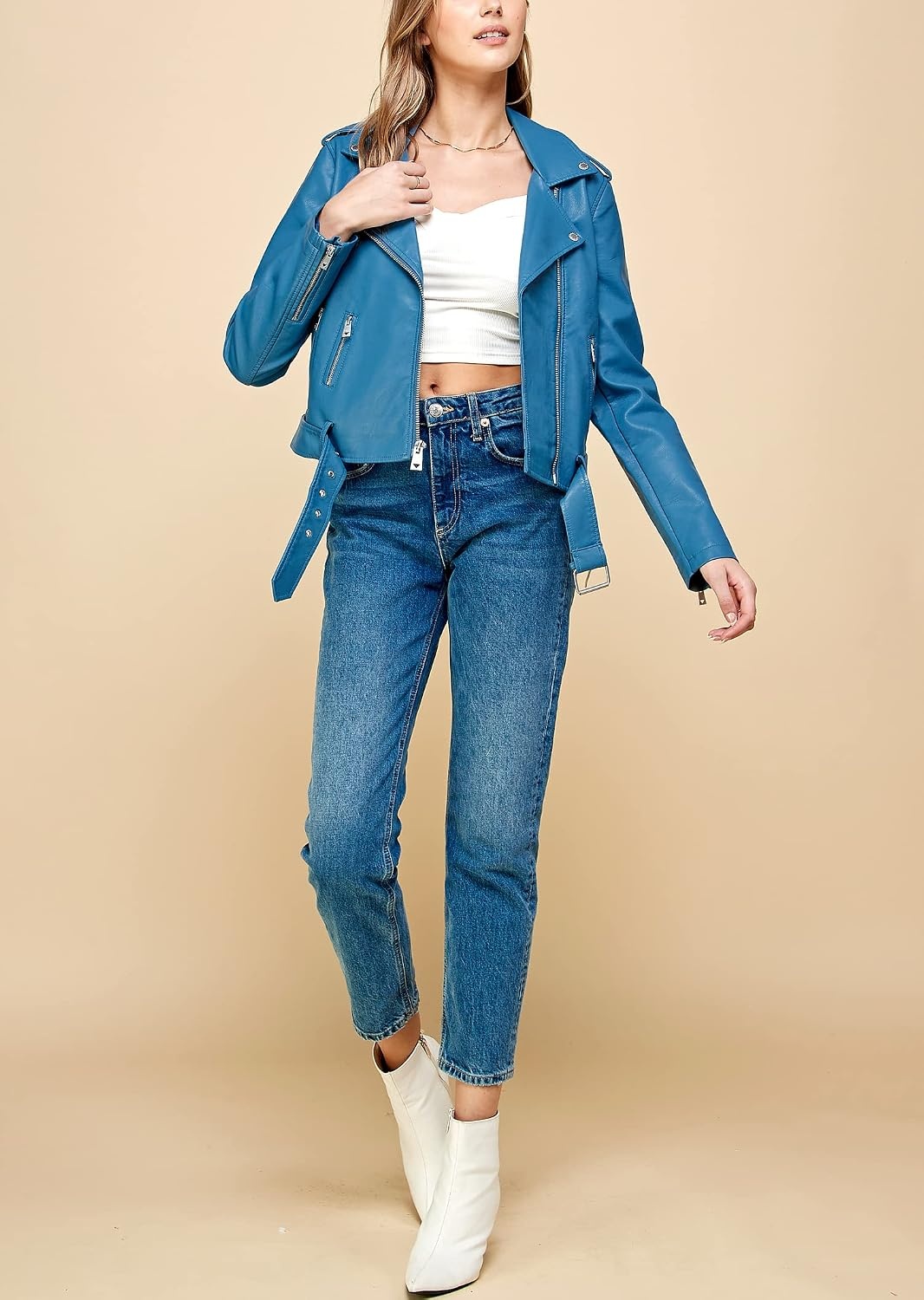 image:imageMBJ Womens Faux Leather Zip Up Moto Biker Jacket With Stitching DetaiLWjc1849blue