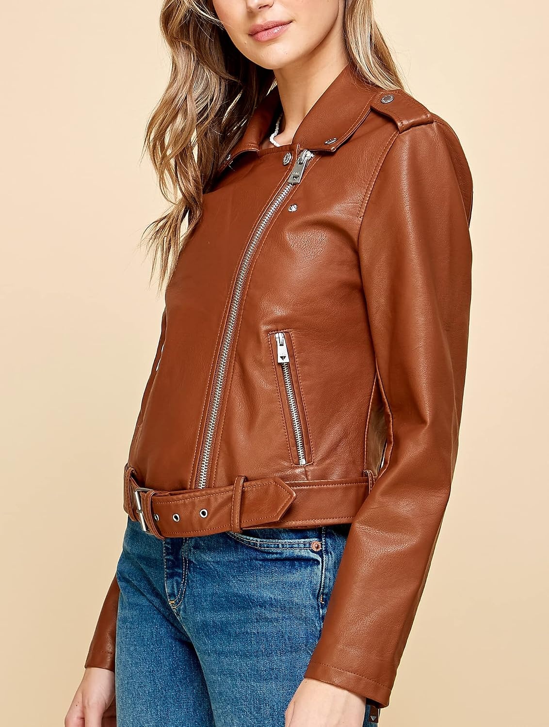 image:imageMBJ Womens Faux Leather Zip Up Moto Biker Jacket With Stitching DetaiLWjc1849camel
