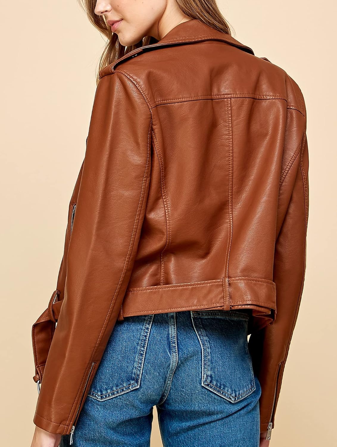 image:imageMBJ Womens Faux Leather Zip Up Moto Biker Jacket With Stitching DetaiLWjc1849camel
