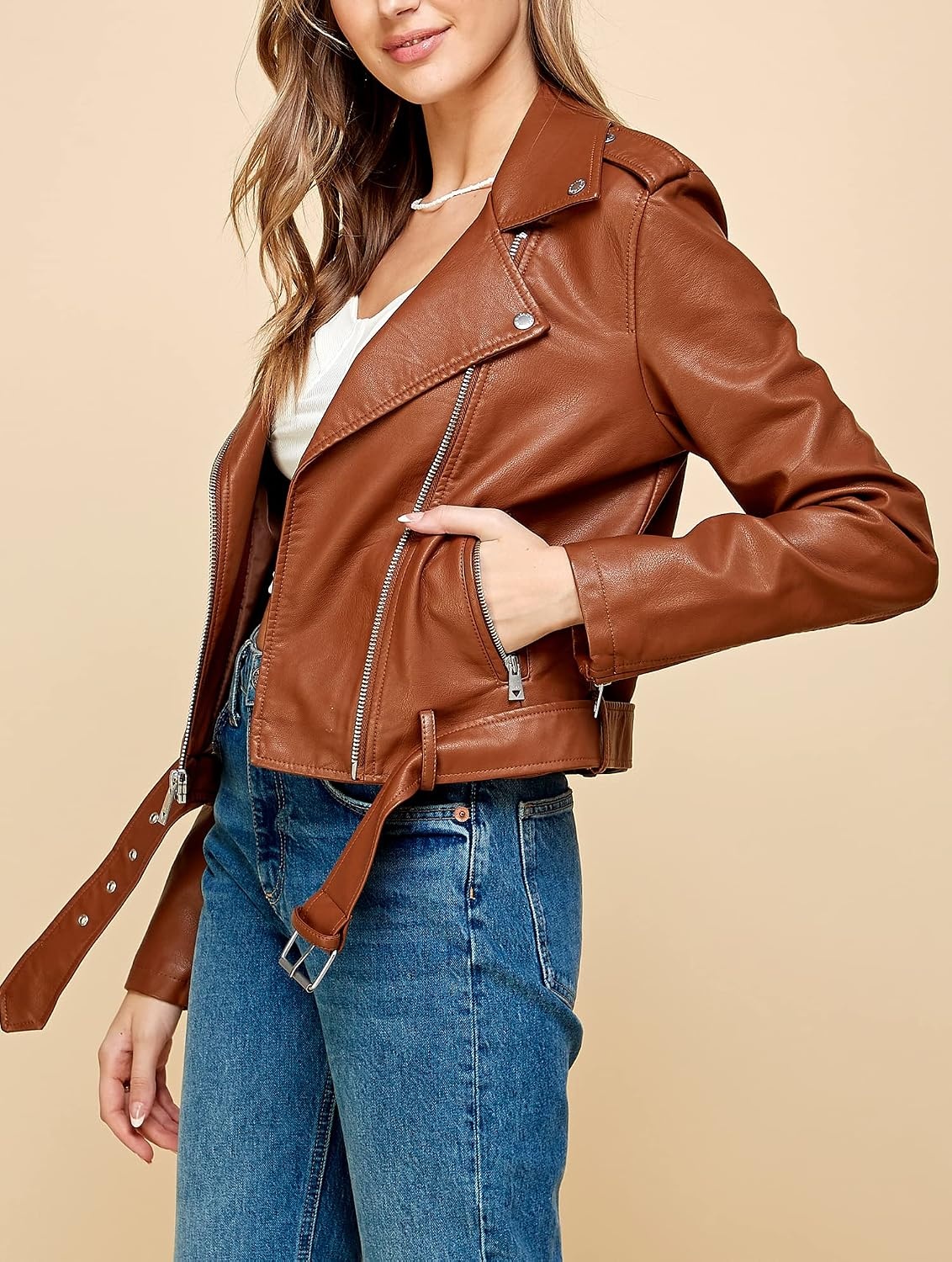 image:imageMBJ Womens Faux Leather Zip Up Moto Biker Jacket With Stitching DetaiLWjc1849camel