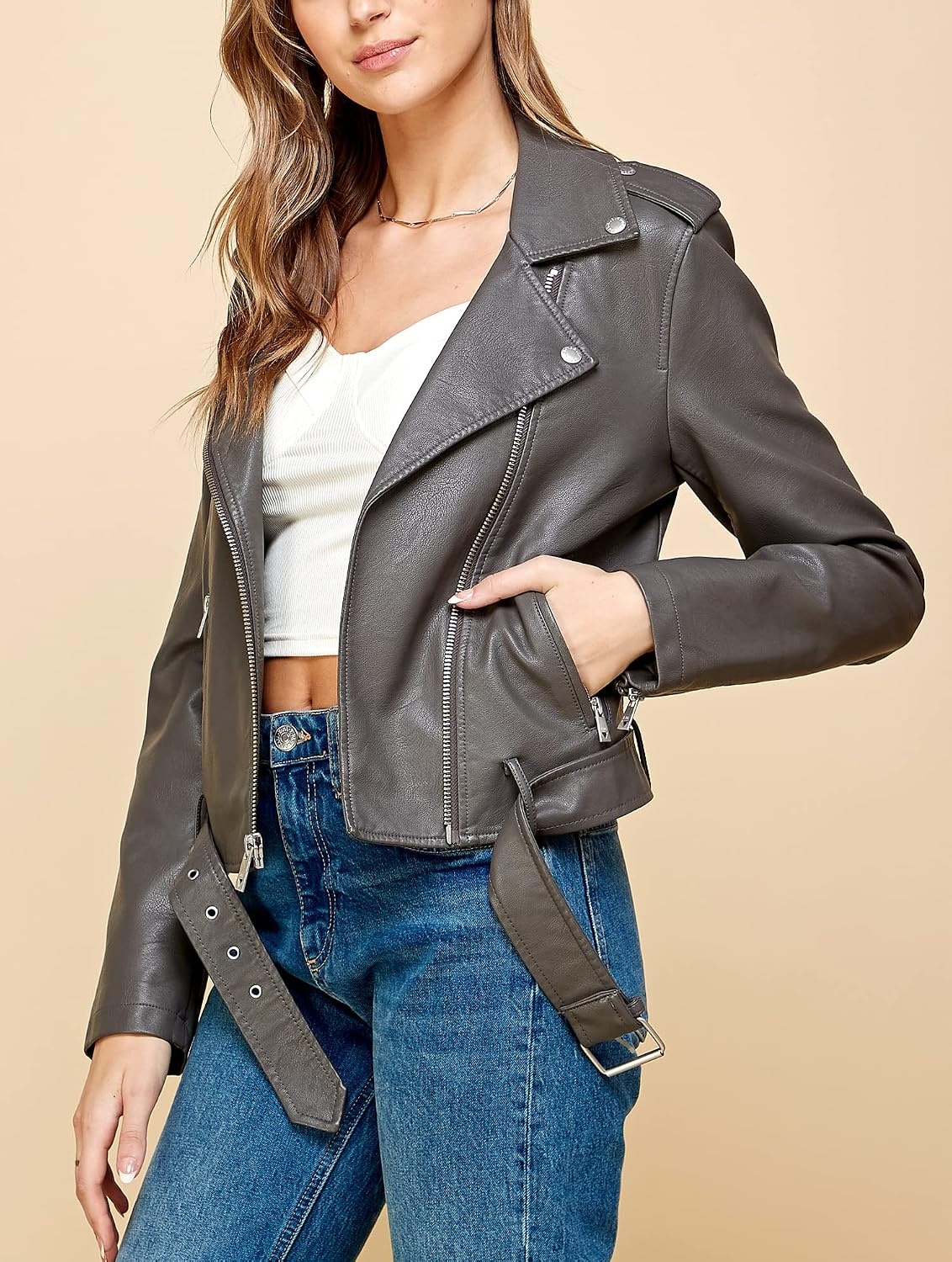 image:imageMBJ Womens Faux Leather Zip Up Moto Biker Jacket With Stitching DetaiLWjc1849grey