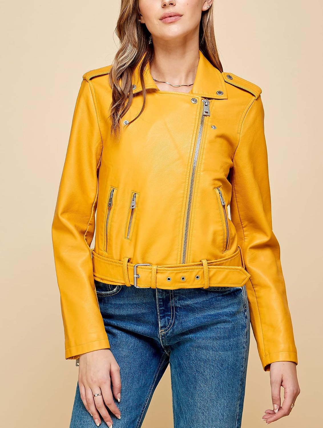 image:imageMBJ Womens Faux Leather Zip Up Moto Biker Jacket With Stitching DetaiLWjc1849mustard