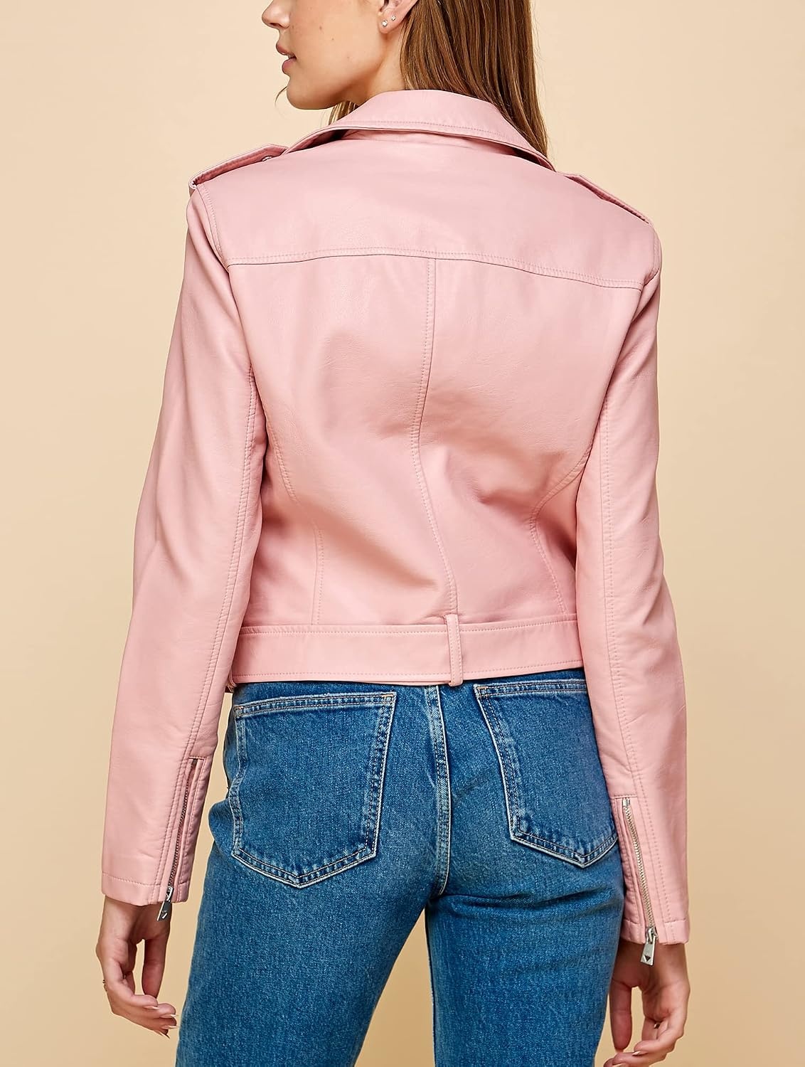 image:imageMBJ Womens Faux Leather Zip Up Moto Biker Jacket With Stitching DetaiLWjc1849pink