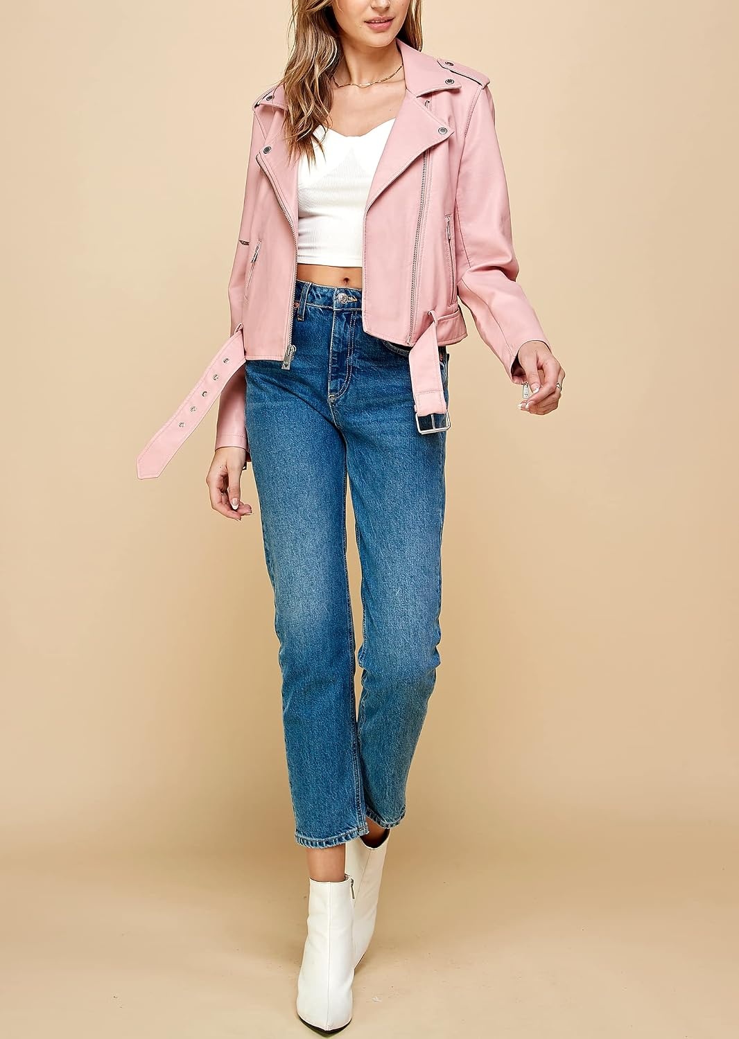 image:imageMBJ Womens Faux Leather Zip Up Moto Biker Jacket With Stitching DetaiLWjc1849pink