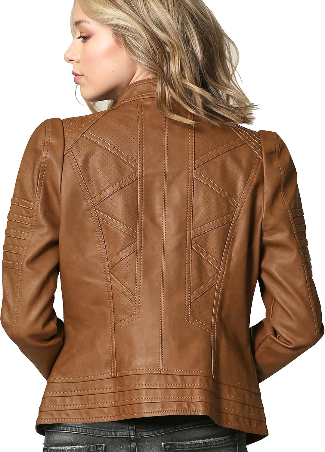 image:imageMBJ Womens Faux Leather Zip Up Moto Biker Jacket With Stitching DetaiLWjc746camel