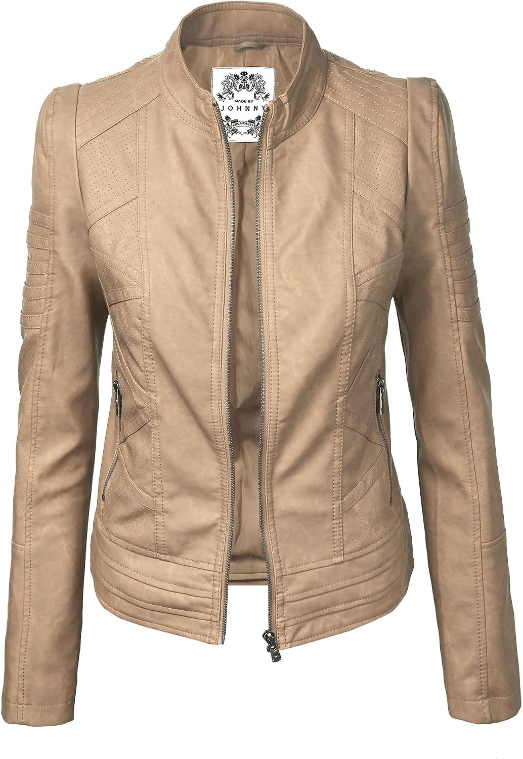image:imageMBJ Womens Faux Leather Zip Up Moto Biker Jacket With Stitching DetaiLWjc746khaki