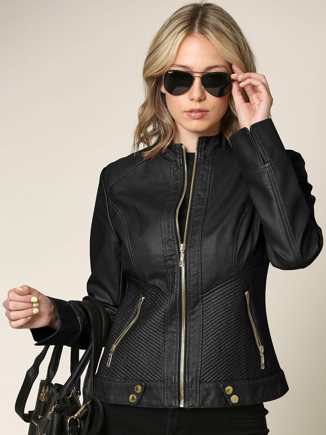 image:imageMBJ Womens Faux Leather Zip Up Moto Biker Jacket With Stitching DetaiLWjc747black