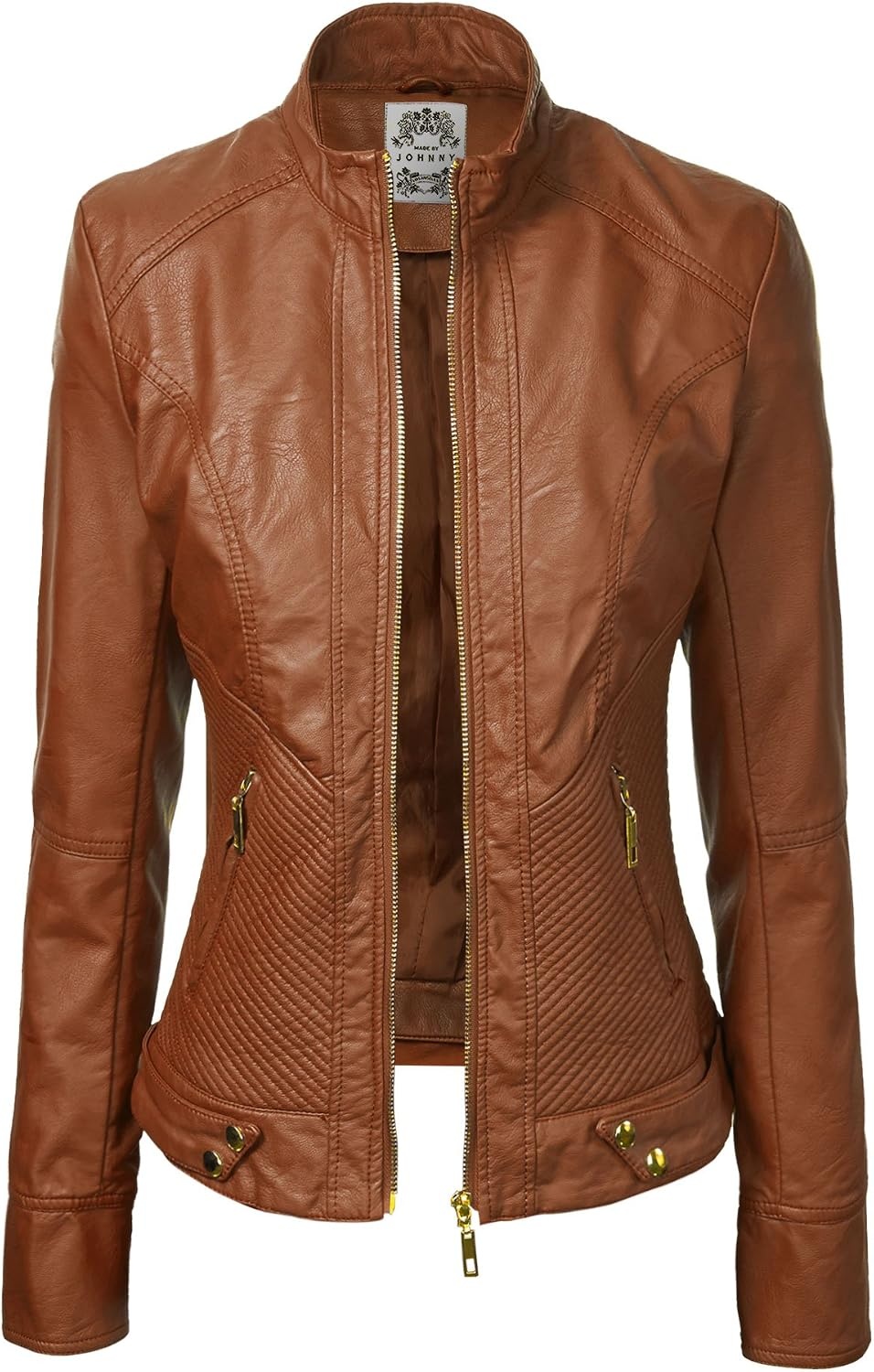 image:imageMBJ Womens Faux Leather Zip Up Moto Biker Jacket With Stitching DetaiLWjc747camel