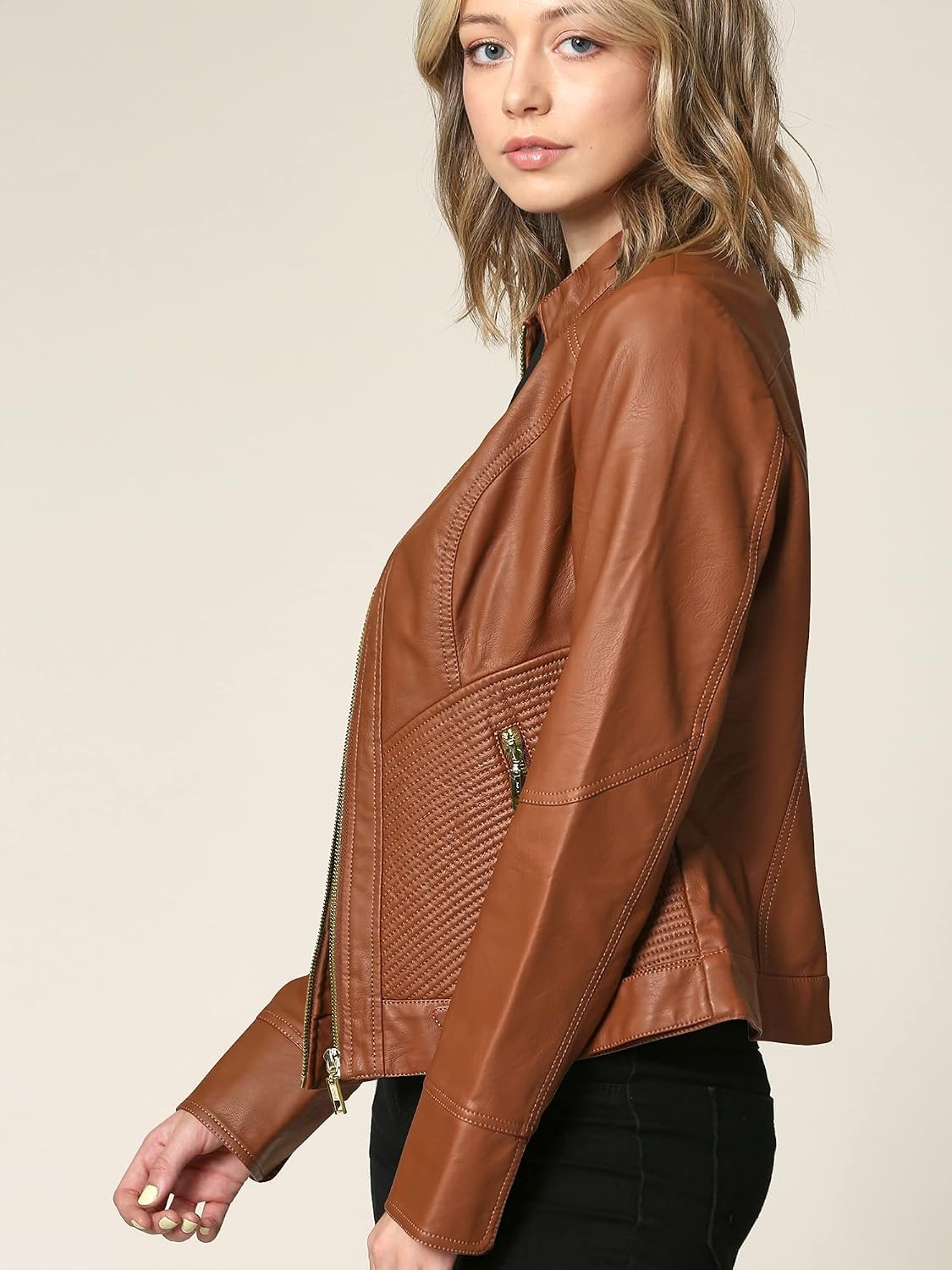 image:imageMBJ Womens Faux Leather Zip Up Moto Biker Jacket With Stitching DetaiLWjc747camel