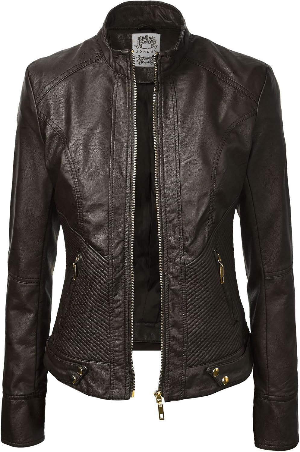 image:imageMBJ Womens Faux Leather Zip Up Moto Biker Jacket With Stitching DetaiLWjc747coffee