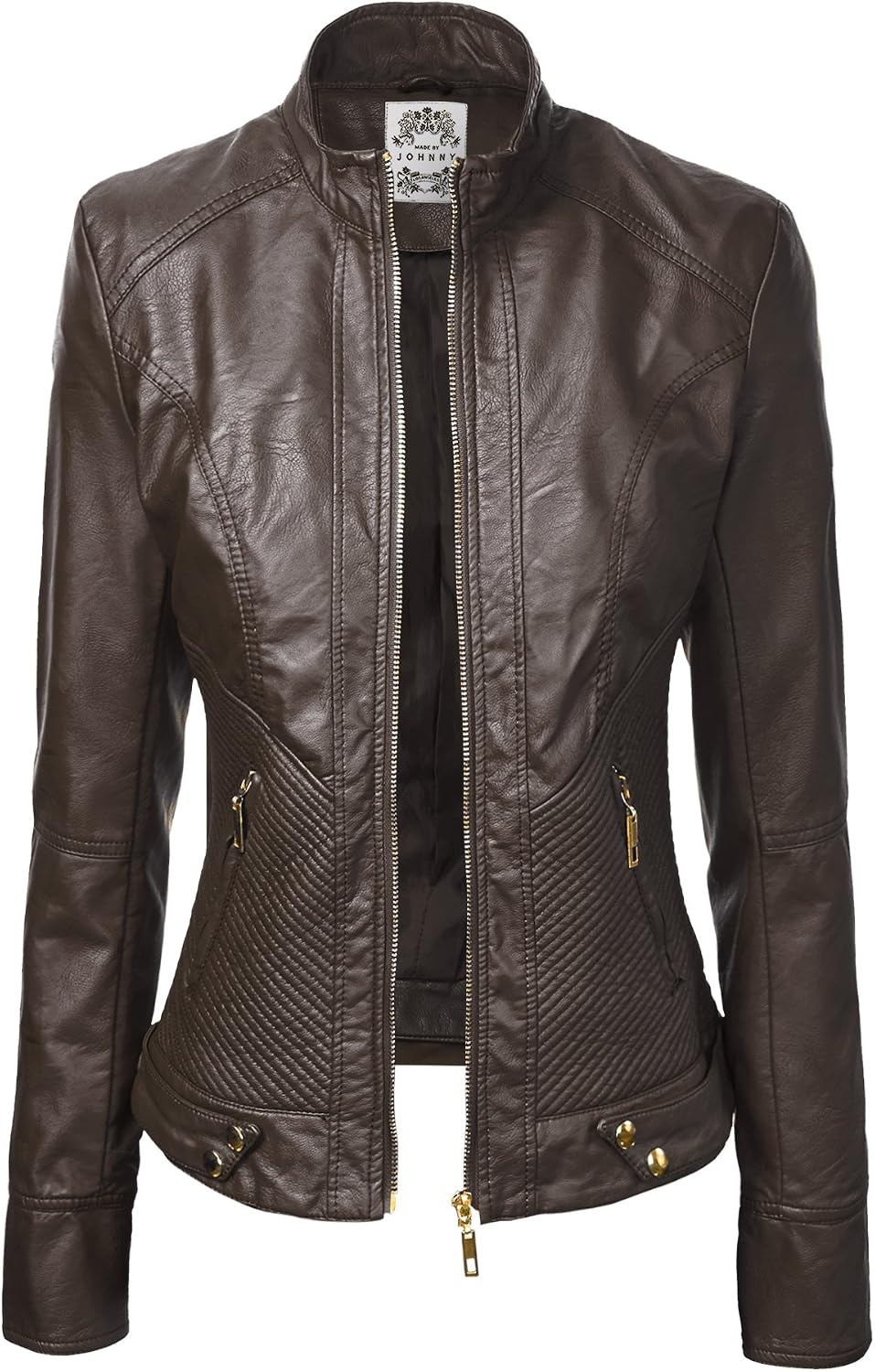 image:imageMBJ Womens Faux Leather Zip Up Moto Biker Jacket With Stitching DetaiLWjc747coffee