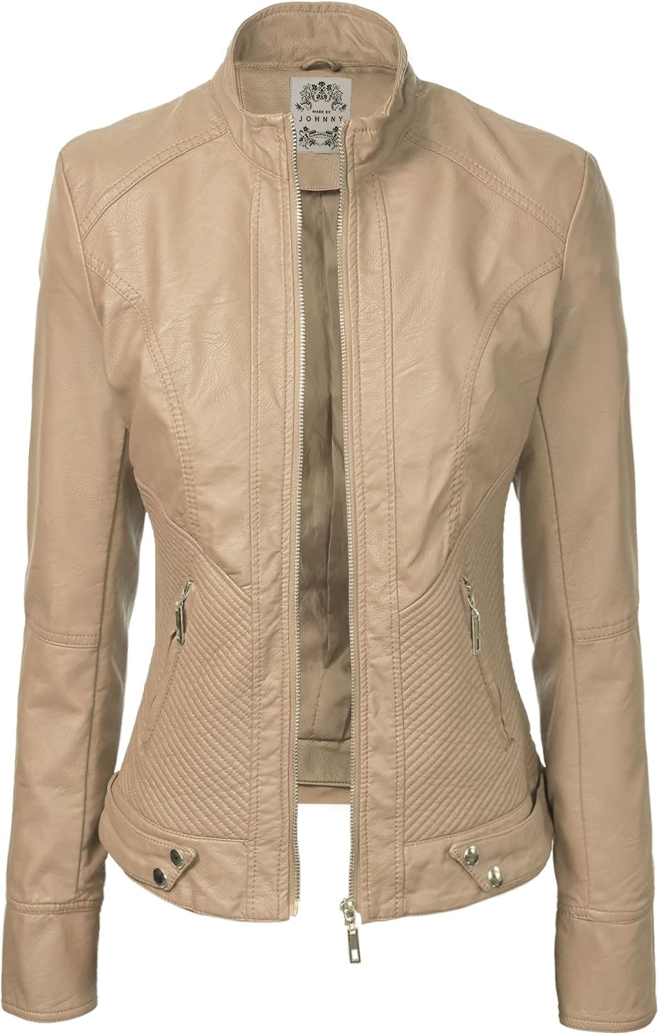 image:imageMBJ Womens Faux Leather Zip Up Moto Biker Jacket With Stitching DetaiLWjc747khaki