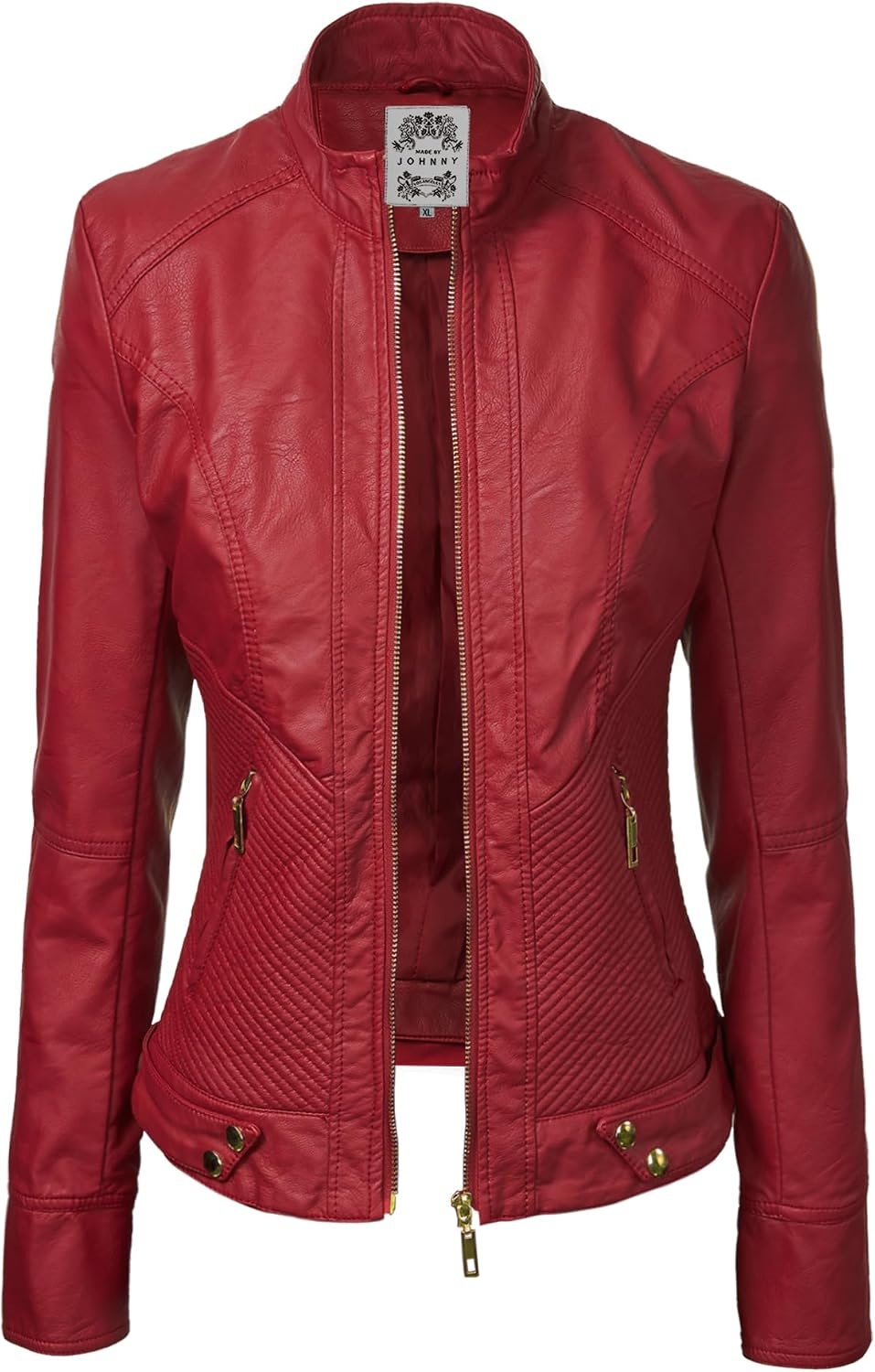 image:imageMBJ Womens Faux Leather Zip Up Moto Biker Jacket With Stitching DetaiLWjc747red